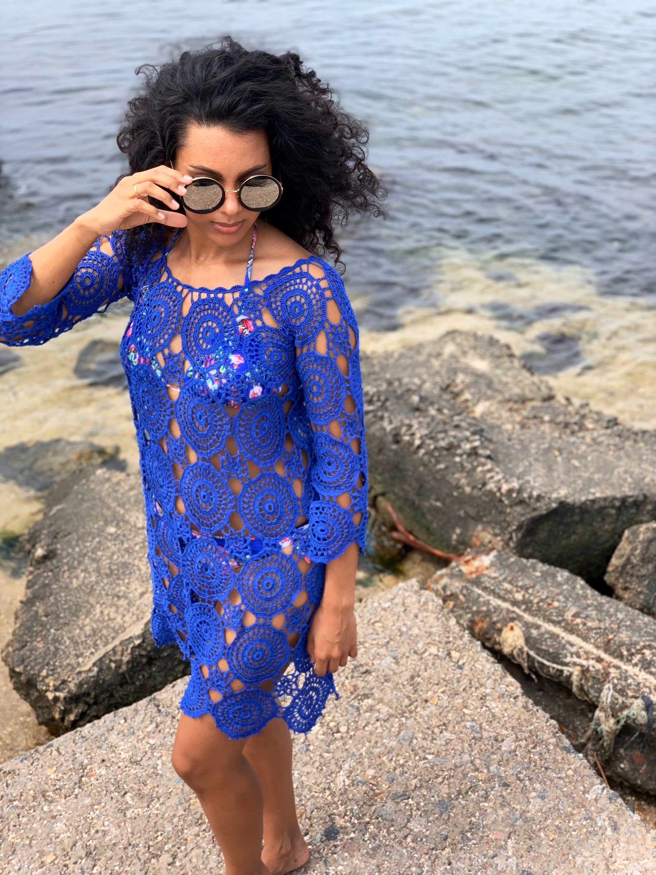 Crochet lace blue beach dress Cover-Ups Beach tunic cotton crochet tunic dress for beach vintage Beachwear Lace crochet dress