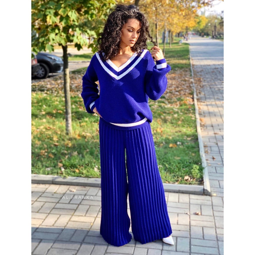 Knitted two piece set for women/Blue merino knit pantsuit/knit v-neck sweater pleated pants/Bright sweater and pants/Knit Sweater Set Women