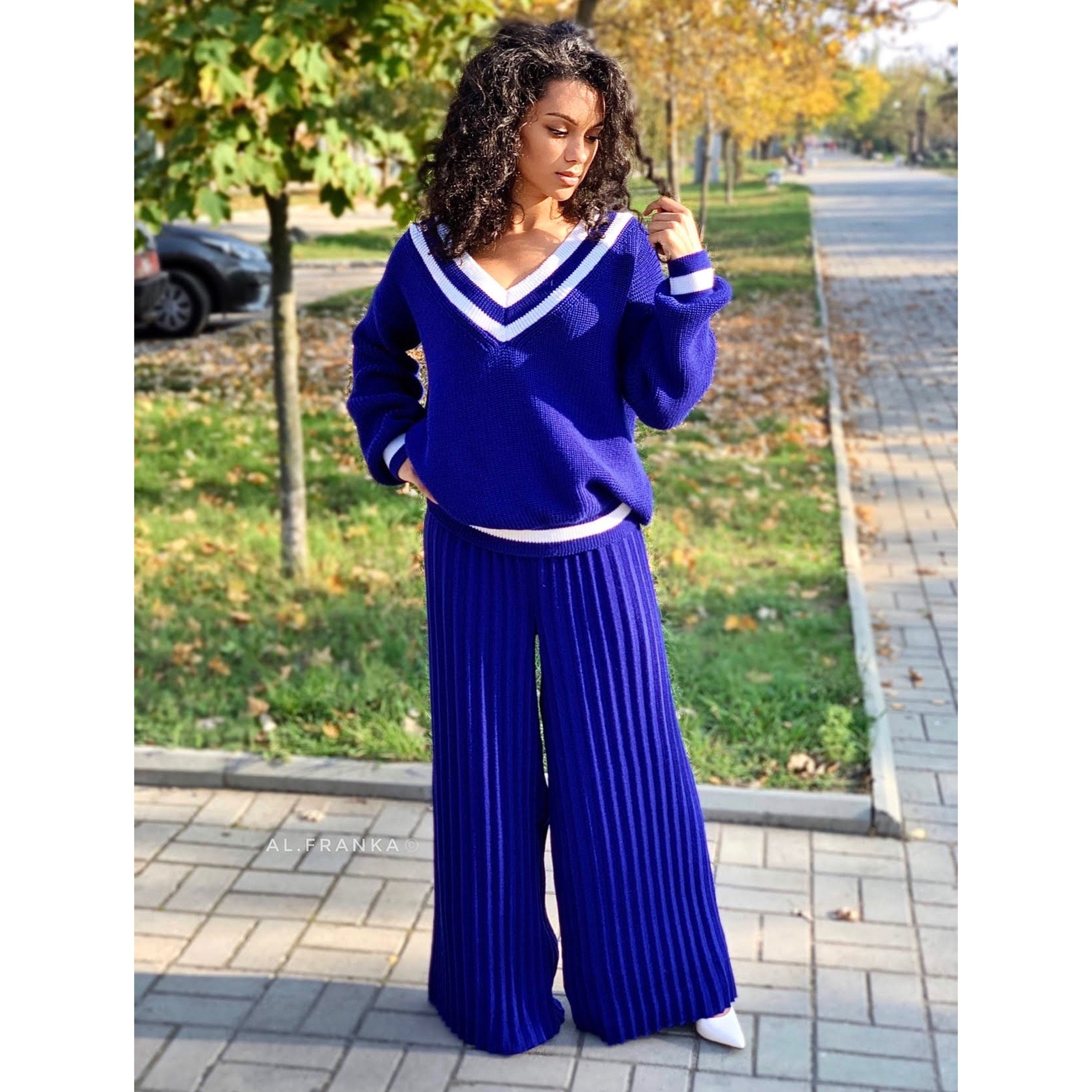 Knitted two piece set for women/Blue merino knit pantsuit/knit v-neck sweater pleated pants/Bright sweater and pants/Knit Sweater Set Women