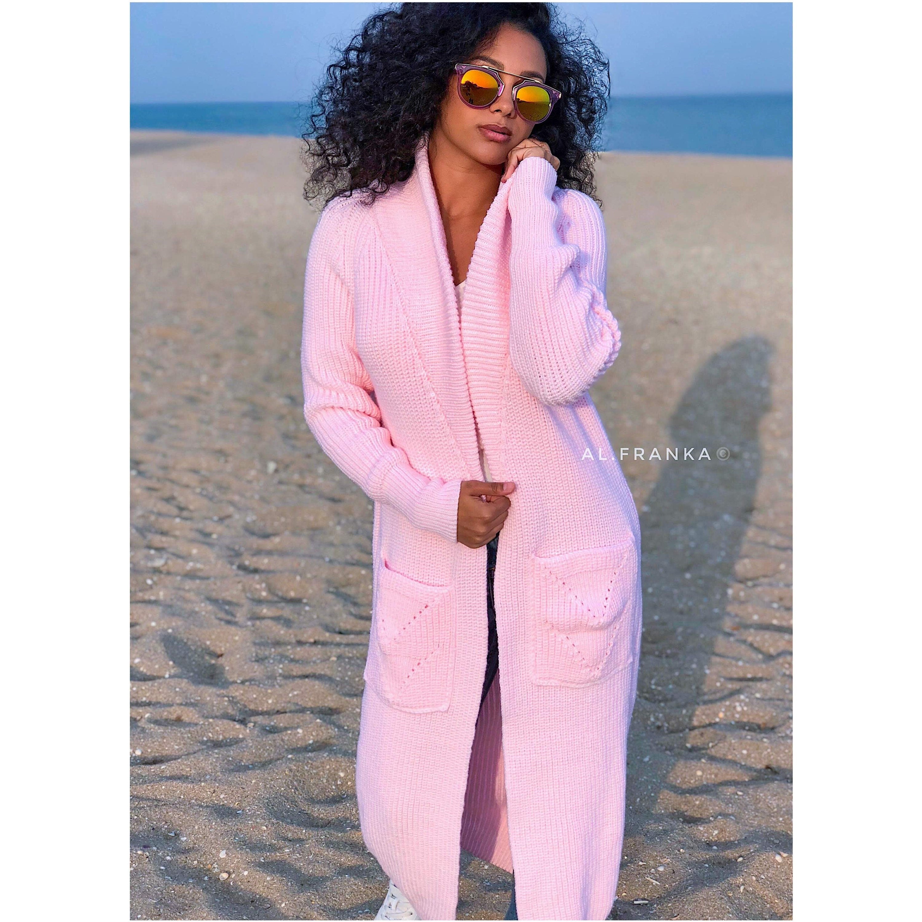 Pink maxi knit Long oversized chunky cardigan Cocoon knit coat Cable knit merino wool maxi knit cardigan womens Chunky eco friendly