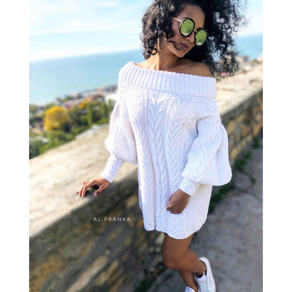 White off shoulder hand knit sweater dress/bohemian sweater dress/off shoulder white dress/white knit tunic/braid chunky sweater
