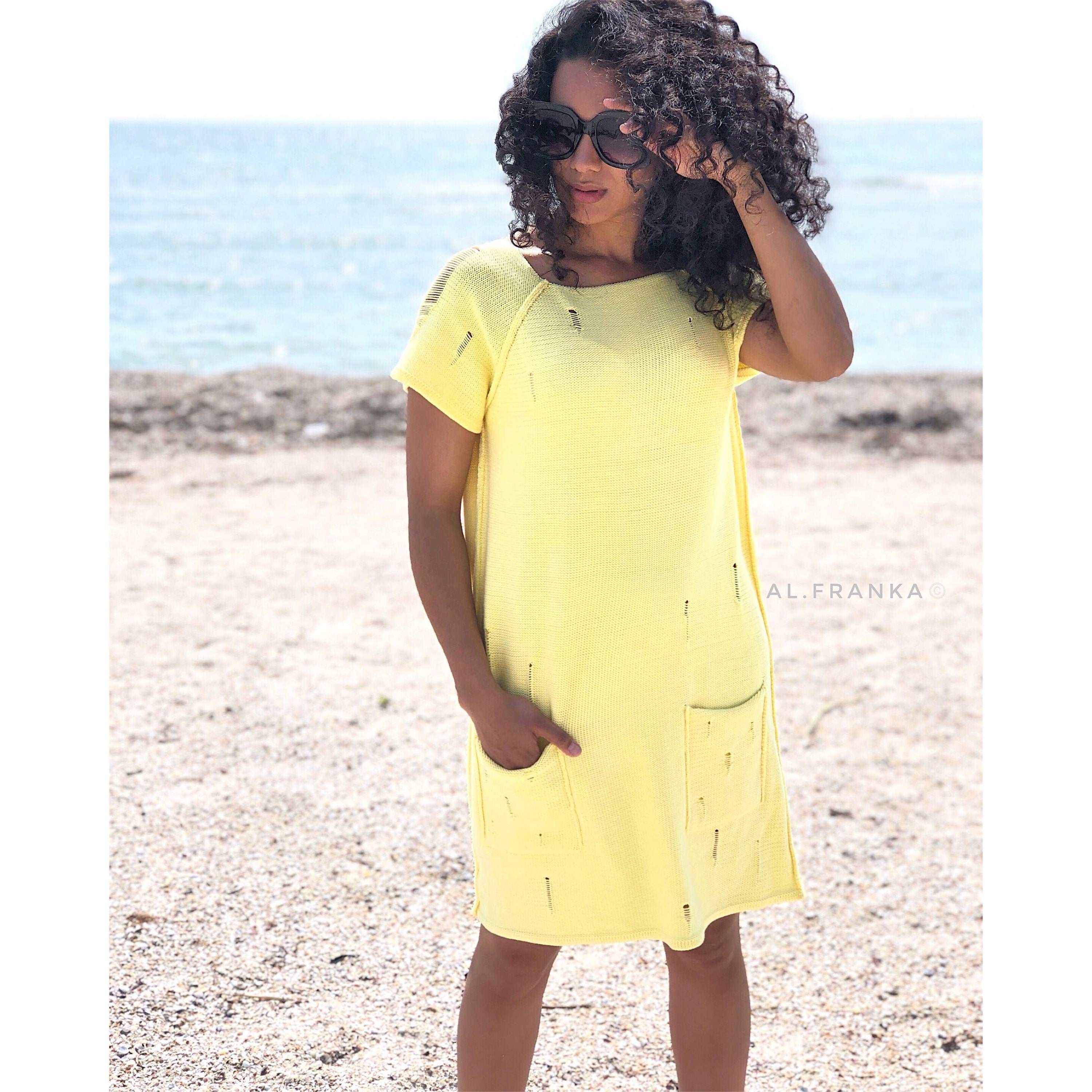 Knit organic cotton mini yellow dress short sleeve Vintage style dress Summer lemon milk dress Beach dress Distressed Sweater dress