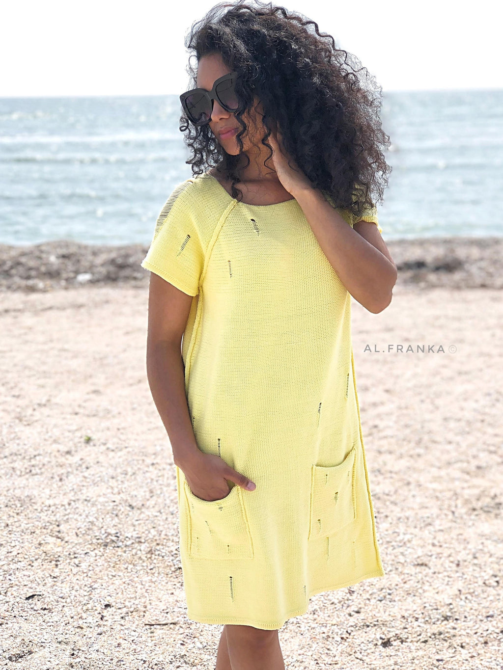 Knit organic cotton mini yellow dress short sleeve Vintage style dress Summer lemon milk dress Beach dress Distressed Sweater dress