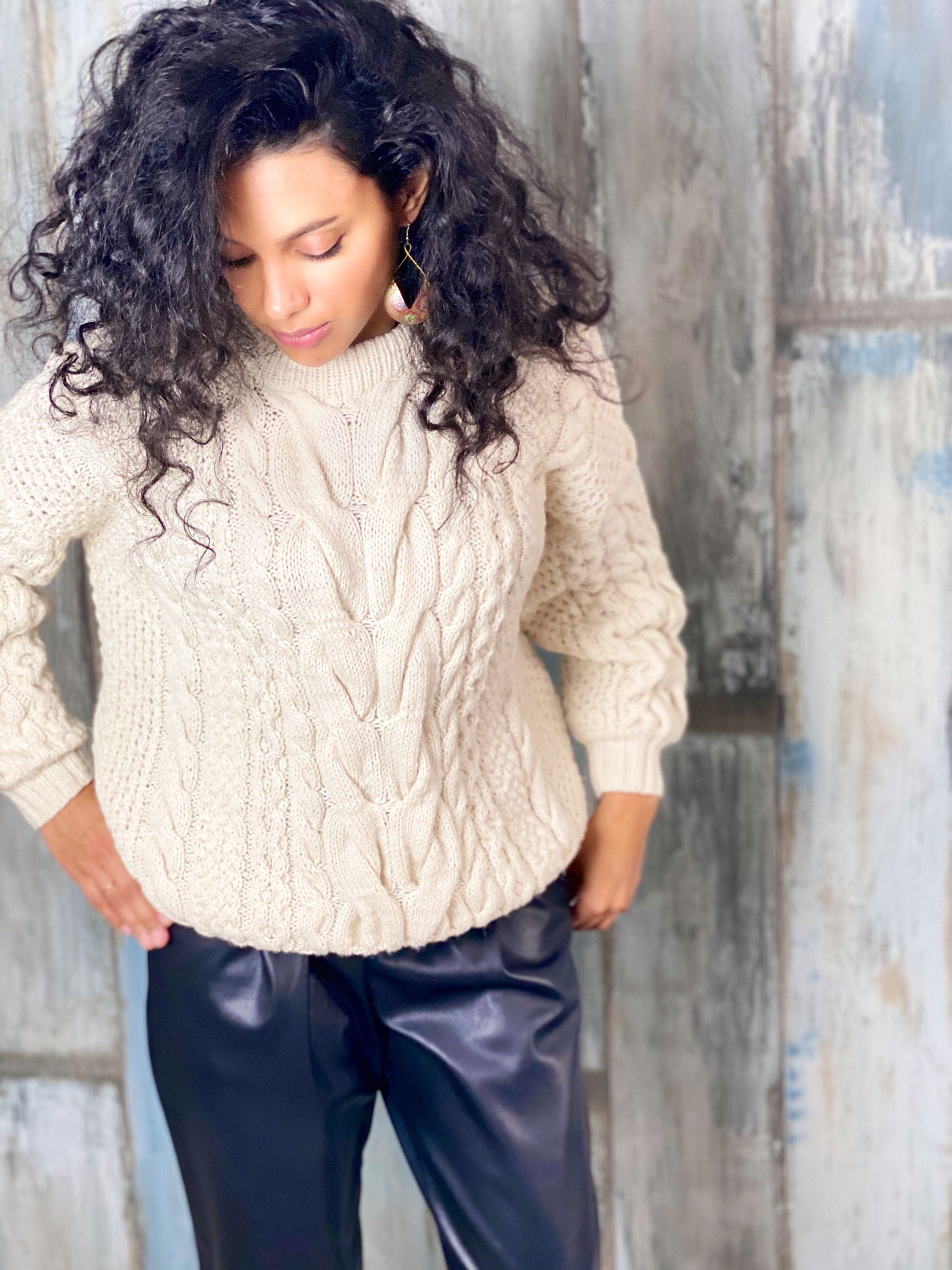 Сream knit women sweater merino wool organic cotton pullover oversized Knit loose sweater Chunky cardigan White Milk cable knit sweater