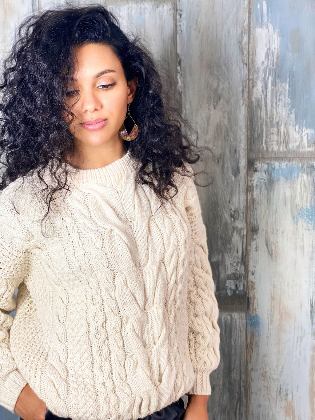 Сream knit women sweater merino wool organic cotton pullover oversized Knit loose sweater Chunky cardigan White Milk cable knit sweater
