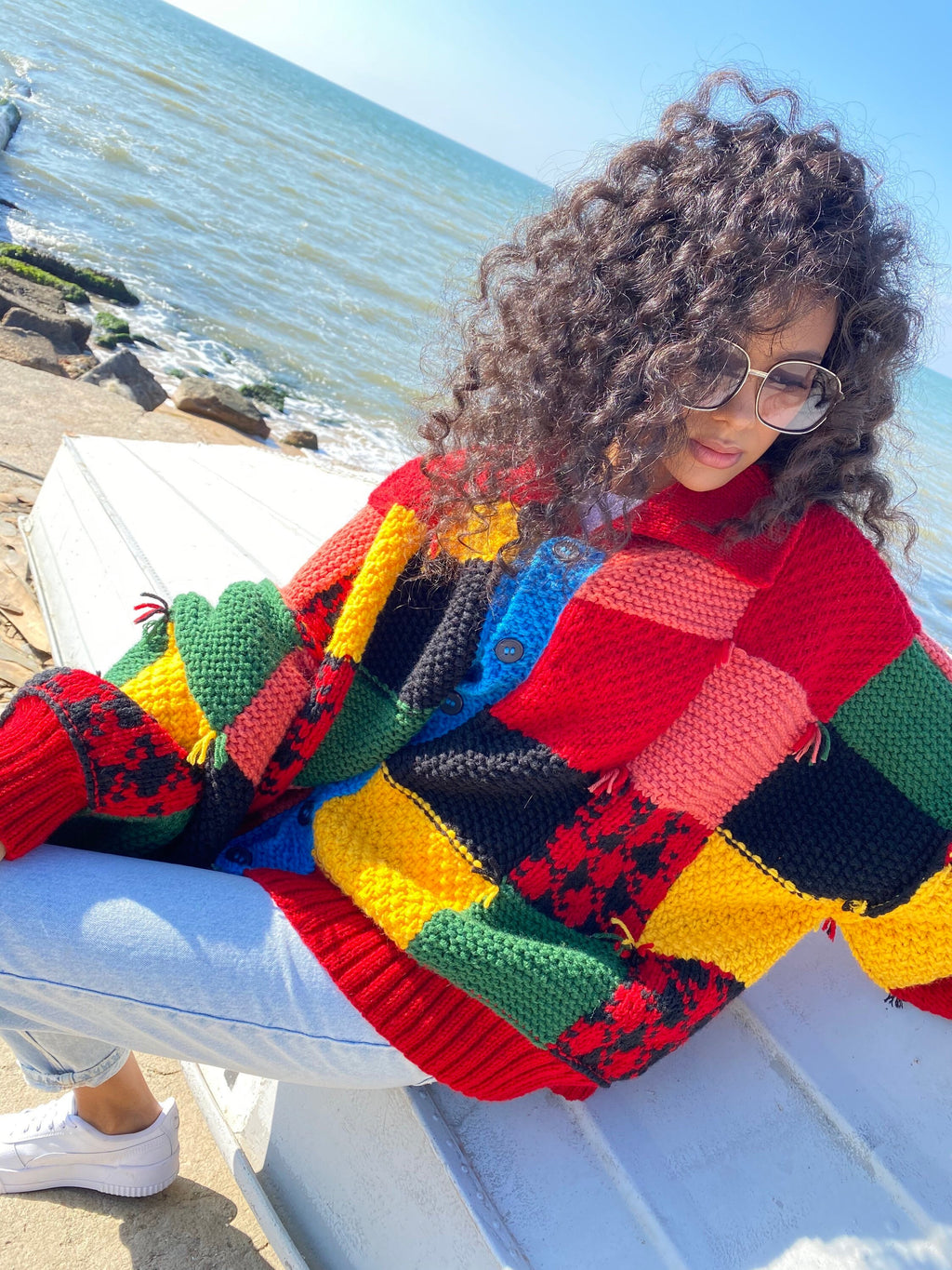 Hand knit merino wool red green yellow patchwork sweater Harry St /JW Anderson Inspired unisex cardigan Chunky knit colourblock plus size