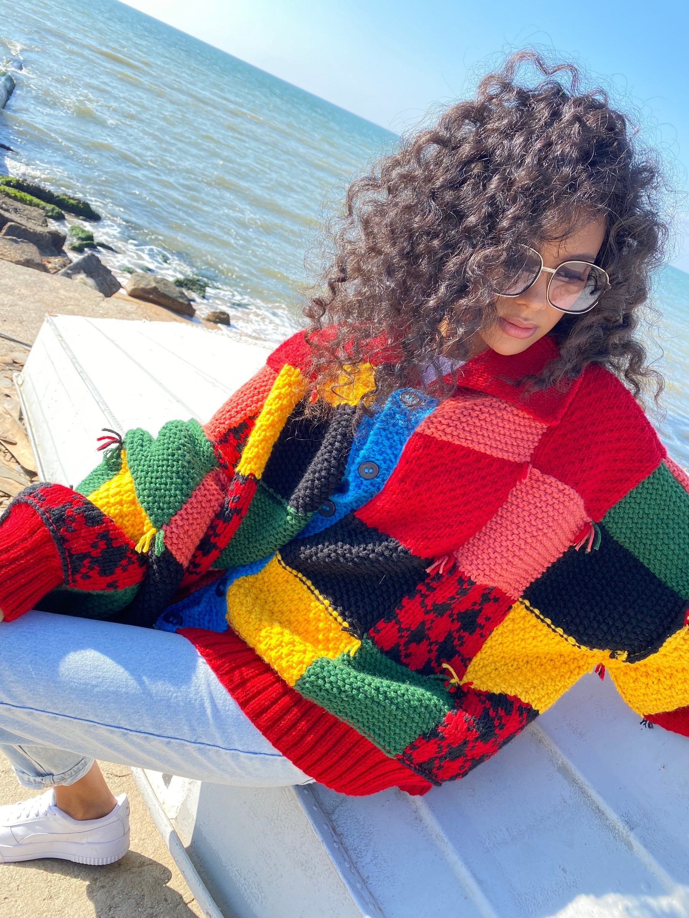 Hand knit merino wool red green yellow patchwork sweater Harry St /JW Anderson Inspired unisex cardigan Chunky knit colourblock plus size
