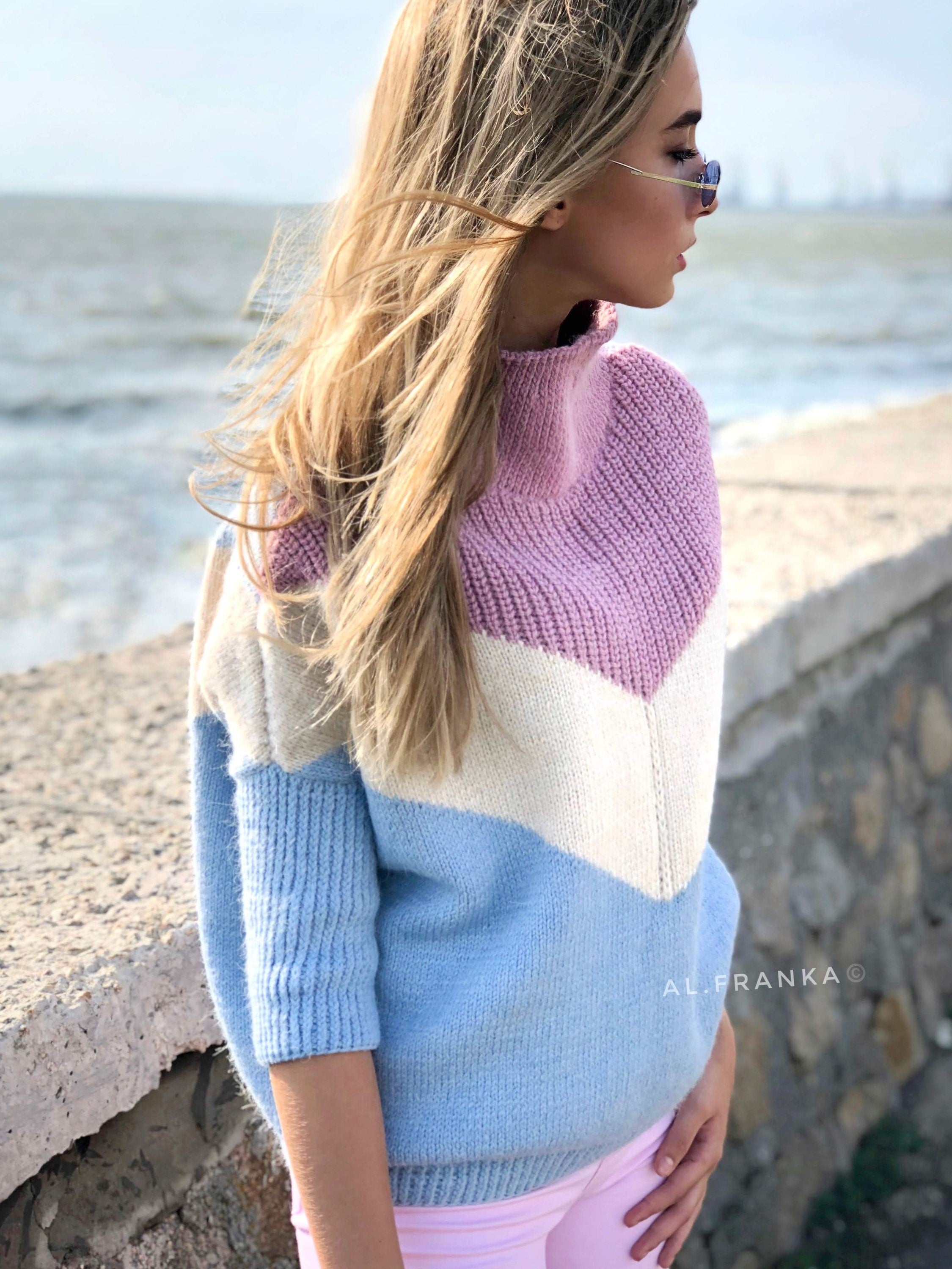 Knit alpaca wool fall sweater high neck turtleneck Light pink blue white Cropped sleeve Oversized jumper Large sweater vintage high collar