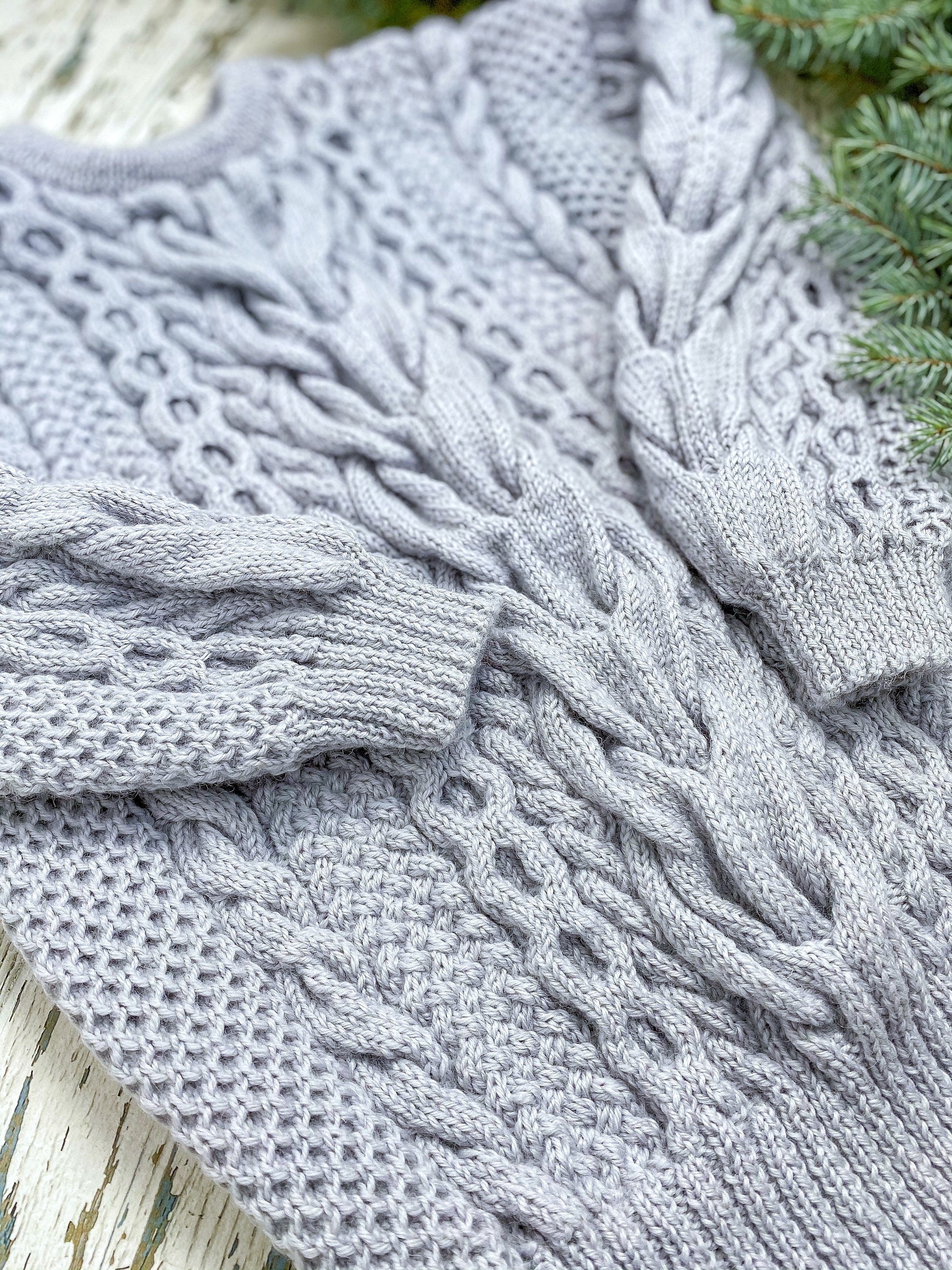 Blue knit wool sweater women Hand knit jumper Half sleeve Cable knitting Loose knit Oversized Chunky knit light blue knitted pullover