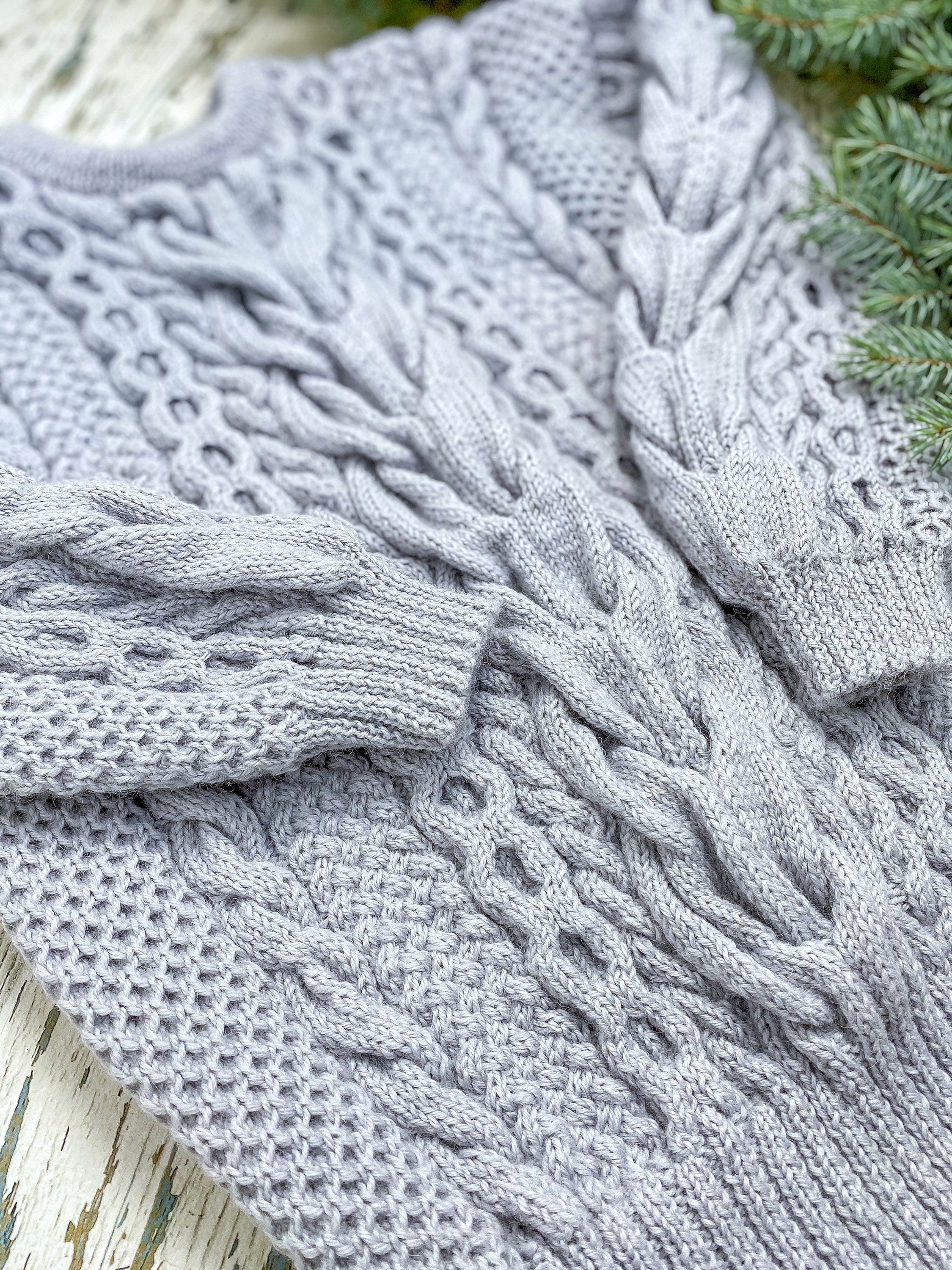 Blue knit wool sweater women Hand knit jumper Half sleeve Cable knitting Loose knit Oversized Chunky knit light blue knitted pullover