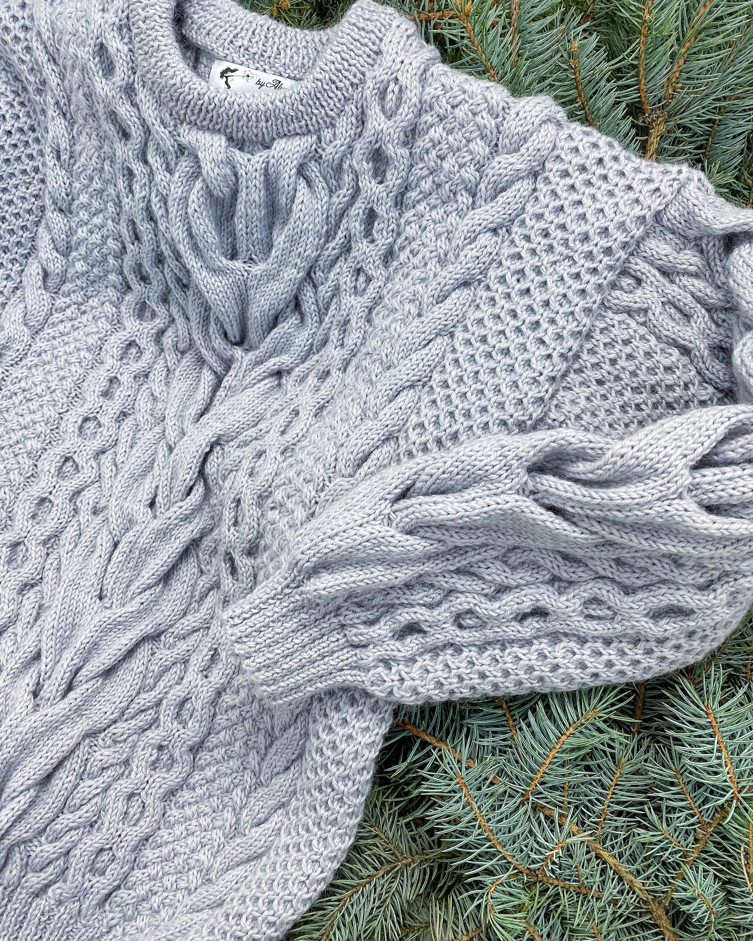 Blue knit wool sweater women Hand knit jumper Half sleeve Cable knitting Loose knit Oversized Chunky knit light blue knitted pullover