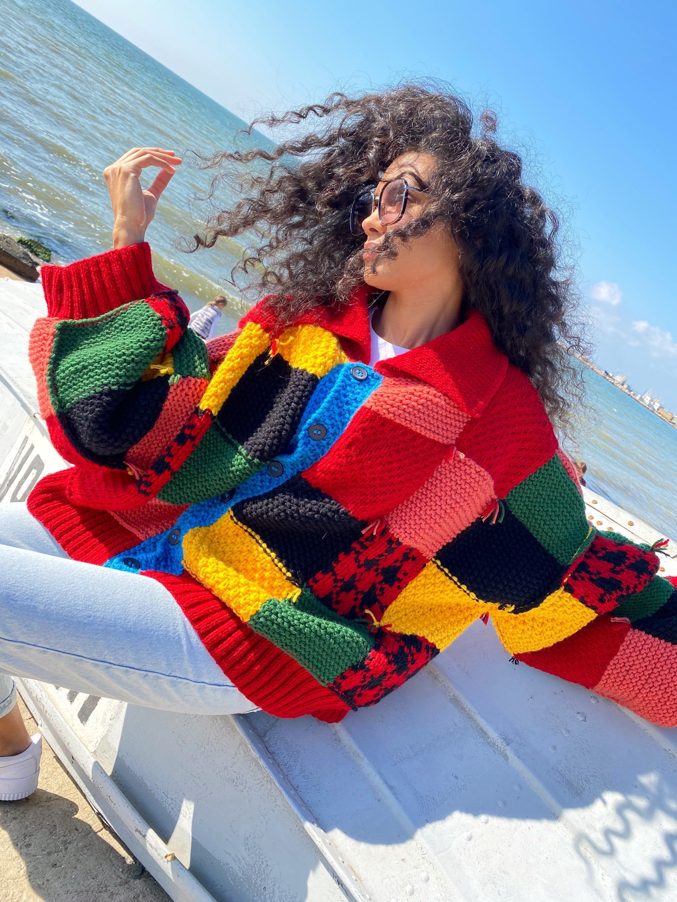 Knit wool patchwork unisex cardigan Chunky knit colourblock cardigan Patchwork Harry Sweater Colorful Cardigan Oversized Crochet Cardigan