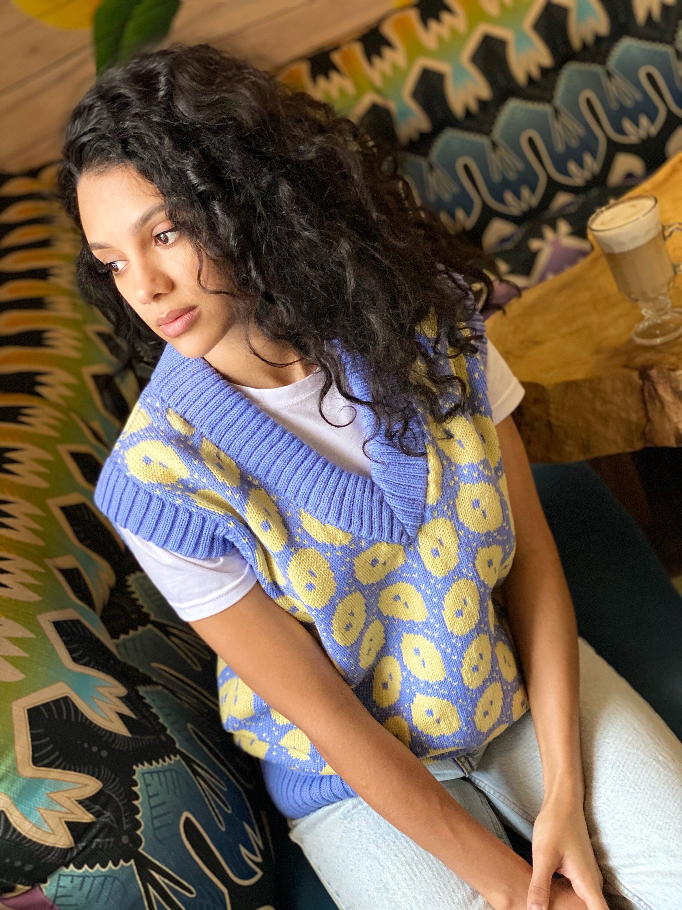Cable knit Sweater Vest Women/blue sweater vest yellow print/vintage knit vest women/lemon print/long knit vest/Winter warm vest