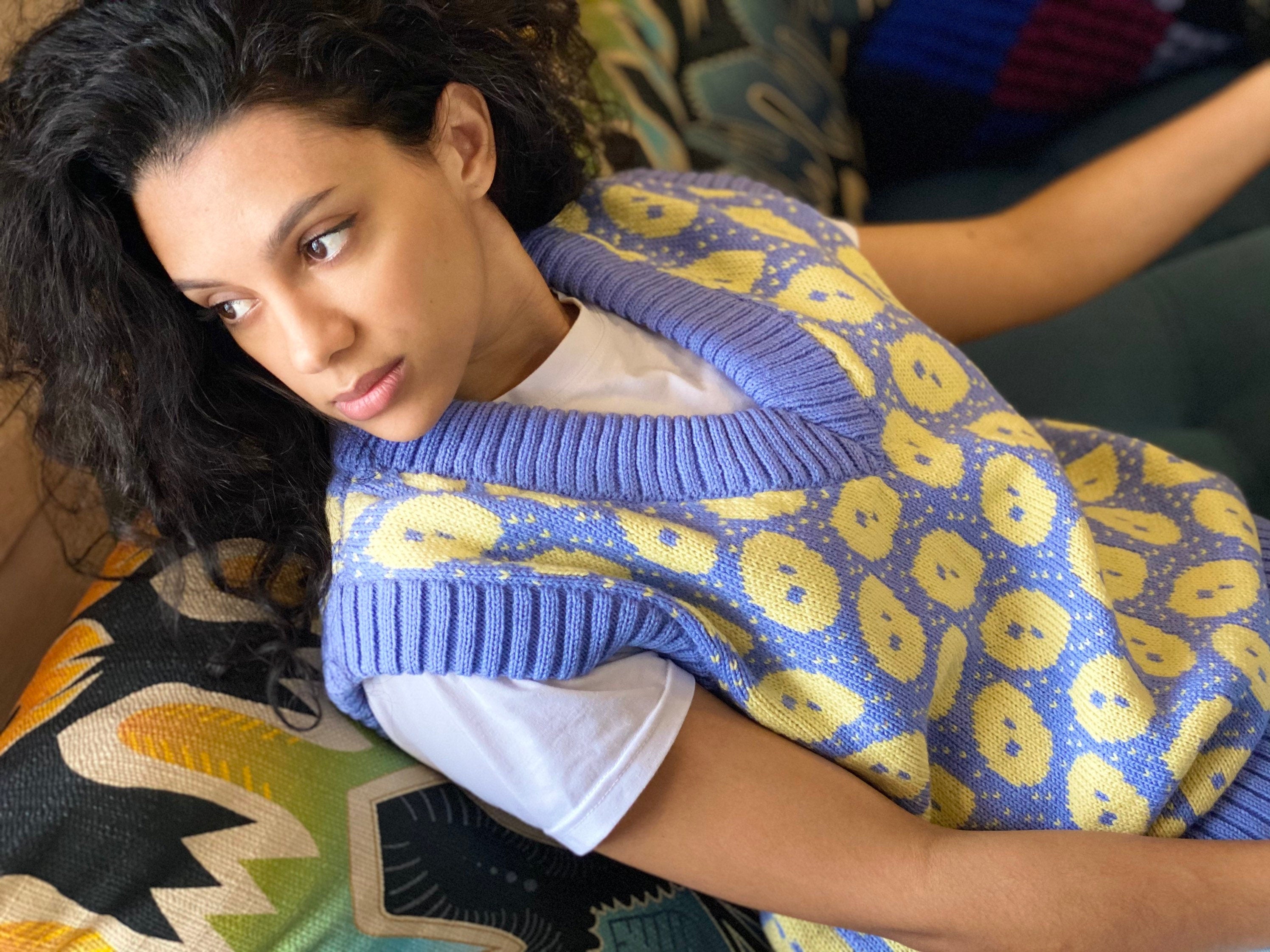 Cable knit Sweater Vest Women/blue sweater vest yellow print/vintage knit vest women/lemon print/long knit vest/Winter warm vest