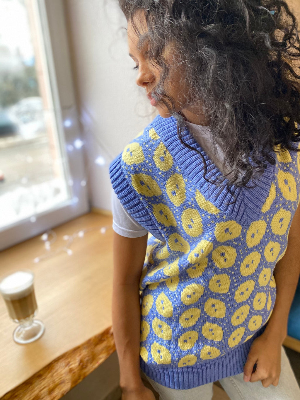 Cable knit Sweater Vest Women/blue sweater vest yellow print/vintage knit vest women/lemon print/long knit vest/Winter warm vest