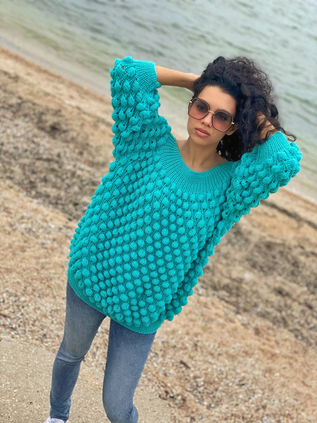 Hand knit sweater dress women Turquoise big sweater women Off shoulder balloons pullover Cable knit oversize sweater Chunky knit sweater