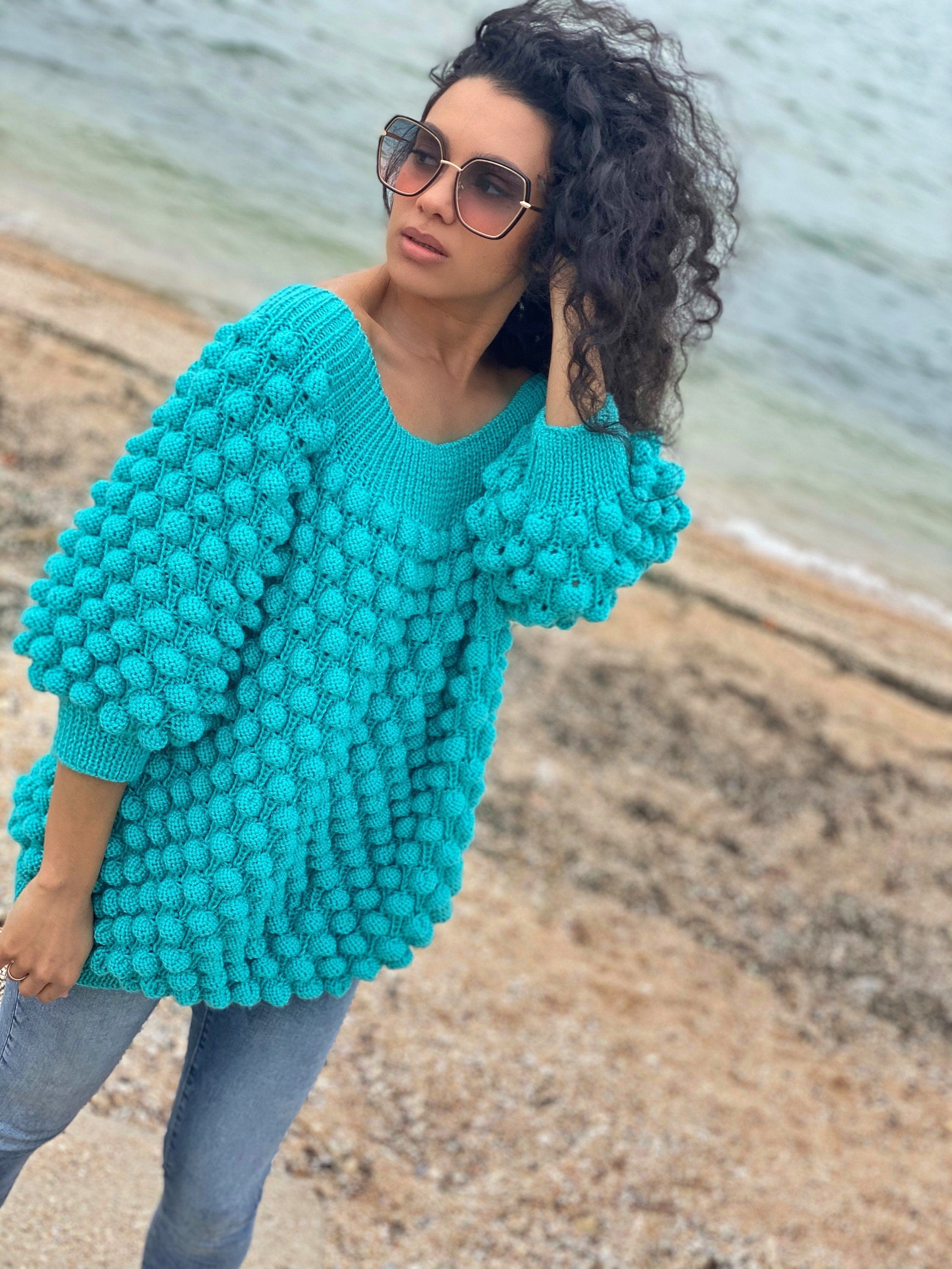 Hand knit sweater dress women Turquoise big sweater women Off shoulder balloons pullover Cable knit oversize sweater Chunky knit sweater