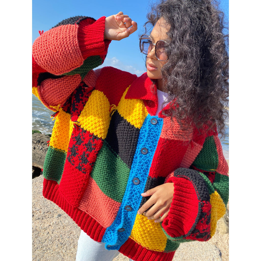 Hand knit merino wool red green yellow patchwork sweater Harry St /JW Anderson Inspired unisex cardigan Chunky knit colourblock plus size