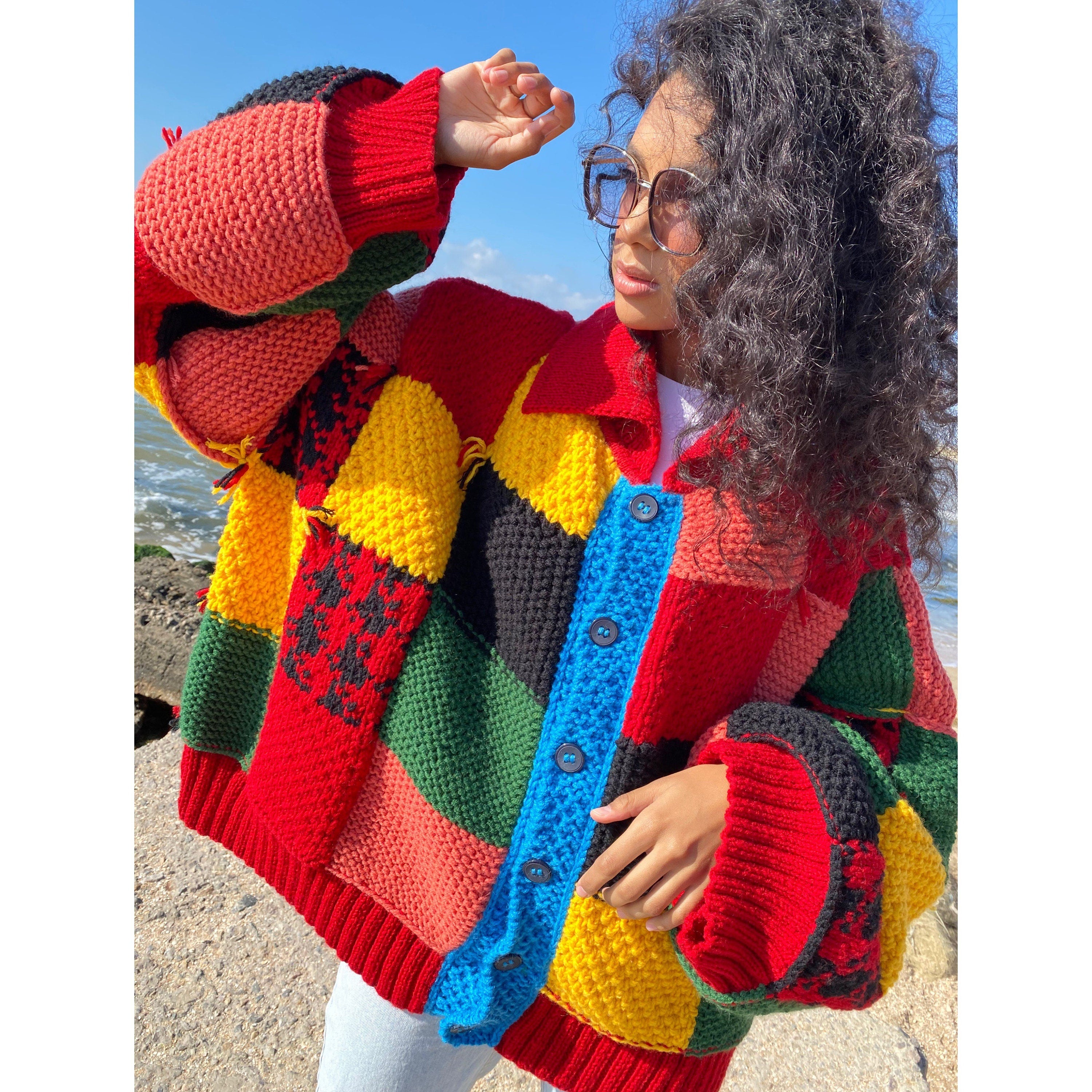 Knit wool patchwork unisex cardigan Chunky knit colourblock cardigan Patchwork Harry Sweater Colorful Cardigan Oversized Crochet Cardigan