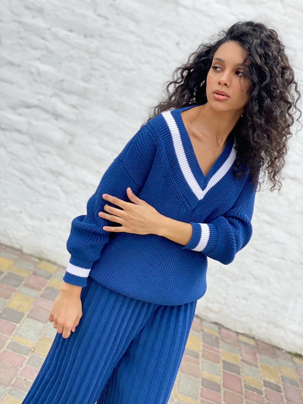 Knitted merino women blue set/culotte pants/sweater V collar/Warm wool knit suit culottes oversized sweater pleated pants/trousers pleated