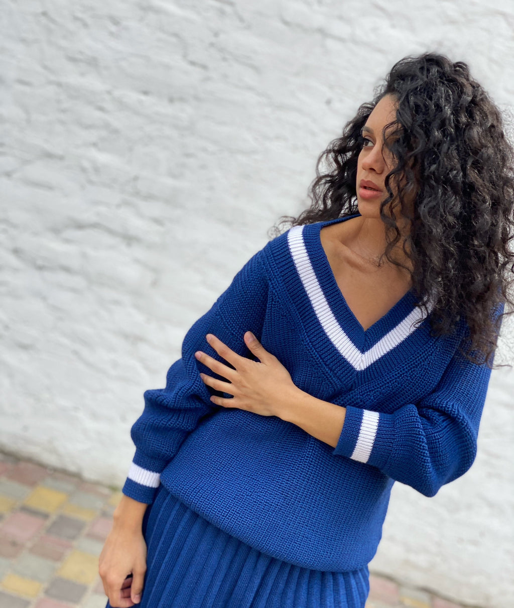 Knitted merino women blue set/culotte pants/sweater V collar/Warm wool knit suit culottes oversized sweater pleated pants/trousers pleated