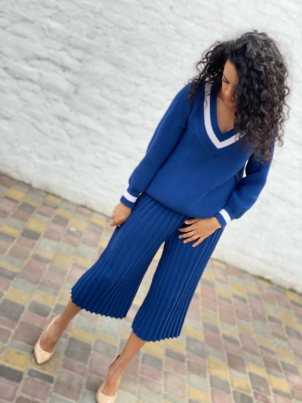 Knitted merino women blue set/culotte pants/sweater V collar/Warm wool knit suit culottes oversized sweater pleated pants/trousers pleated