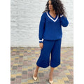 Knitted merino women blue set/culotte pants/sweater V collar/Warm wool knit suit culottes oversized sweater pleated pants/trousers pleated