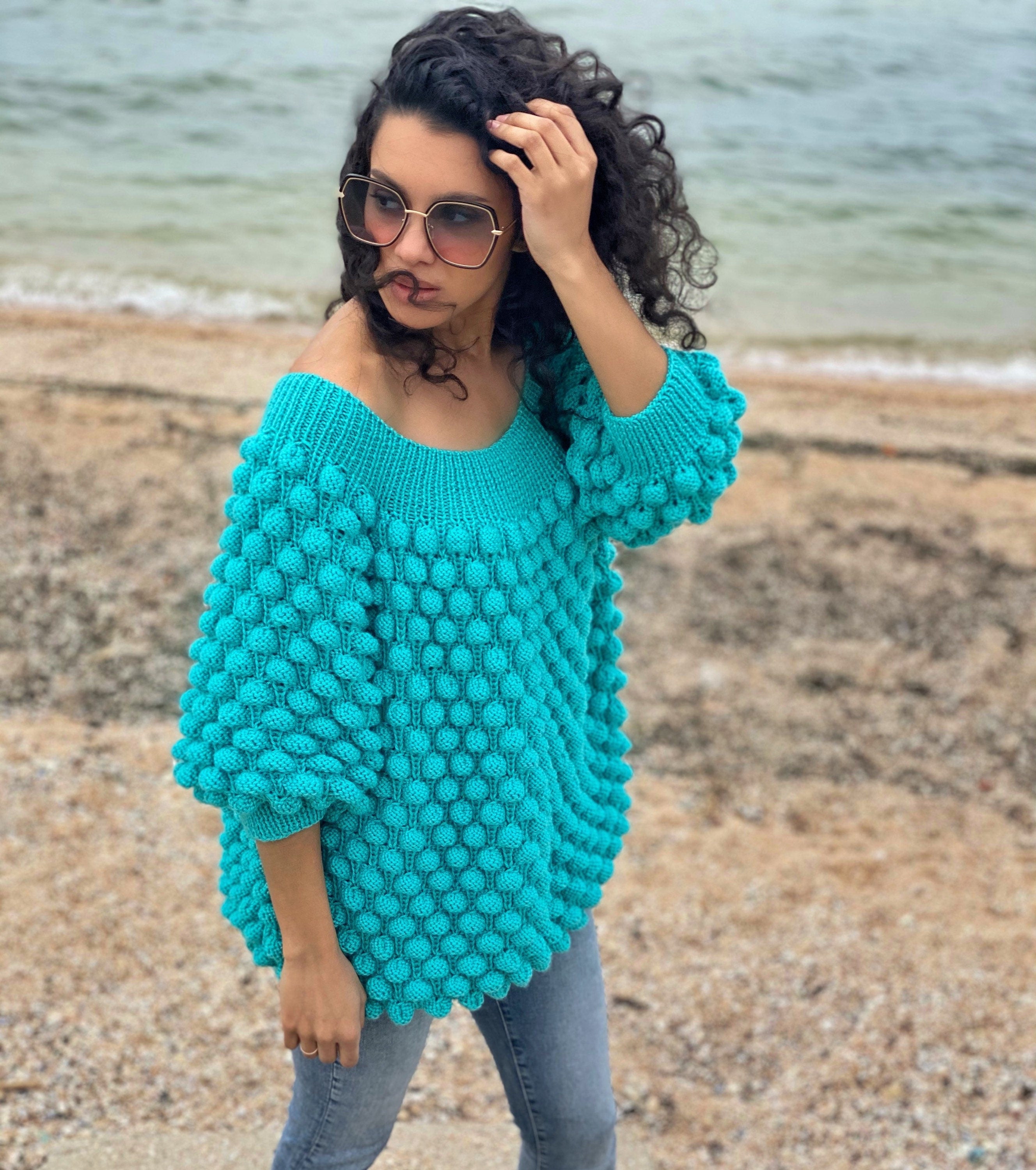 Hand knit sweater dress women Turquoise big sweater women Off shoulder balloons pullover Cable knit oversize sweater Chunky knit sweater