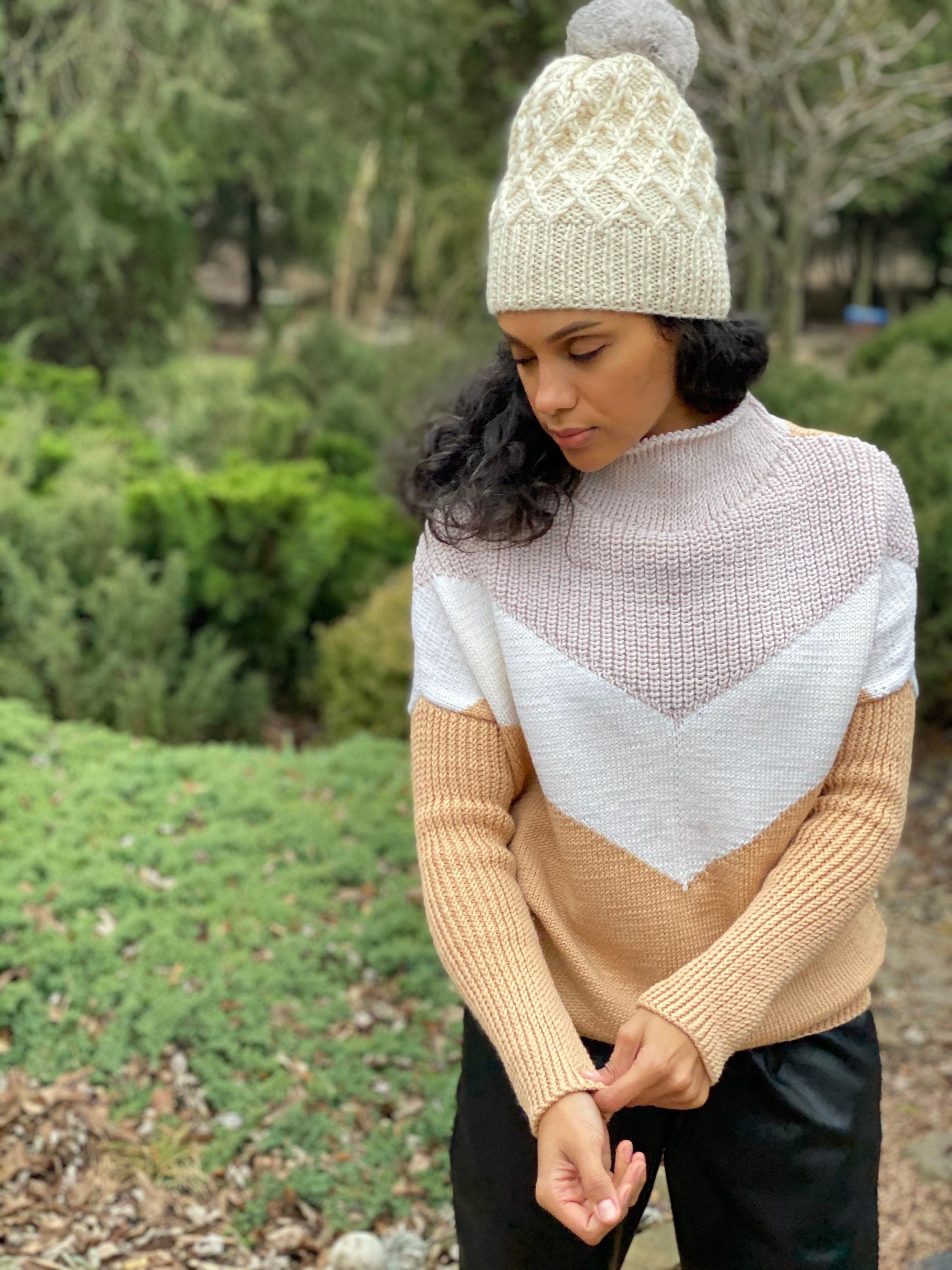Cable knit alpaca/merino wool knit oversize sweater Hand knitted jumper Grey brown Camel Cream striped sweater Throat stand Full sleeve