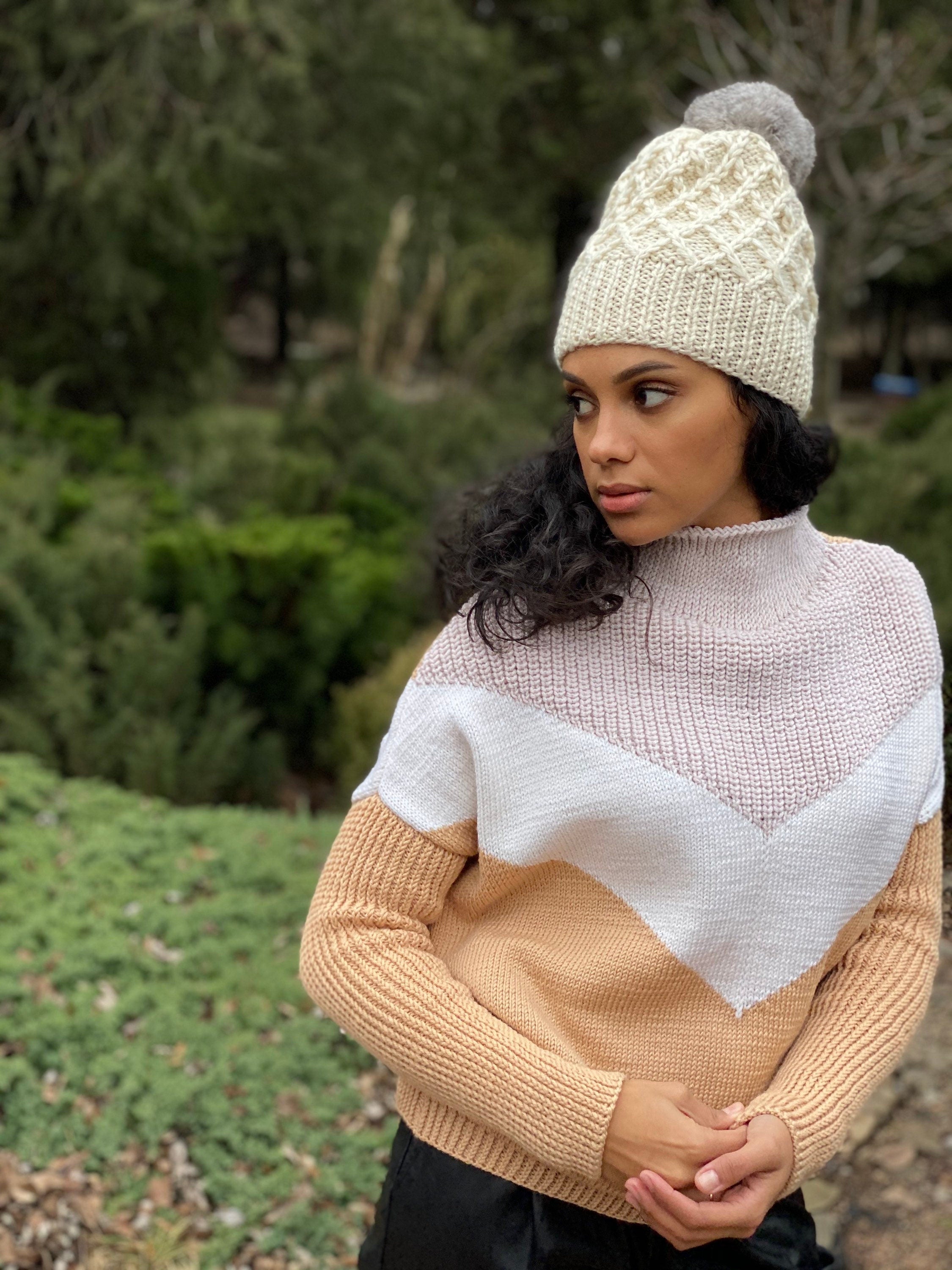 Cable knit alpaca/merino wool knit oversize sweater Hand knitted jumper Grey brown Camel Cream striped sweater Throat stand Full sleeve