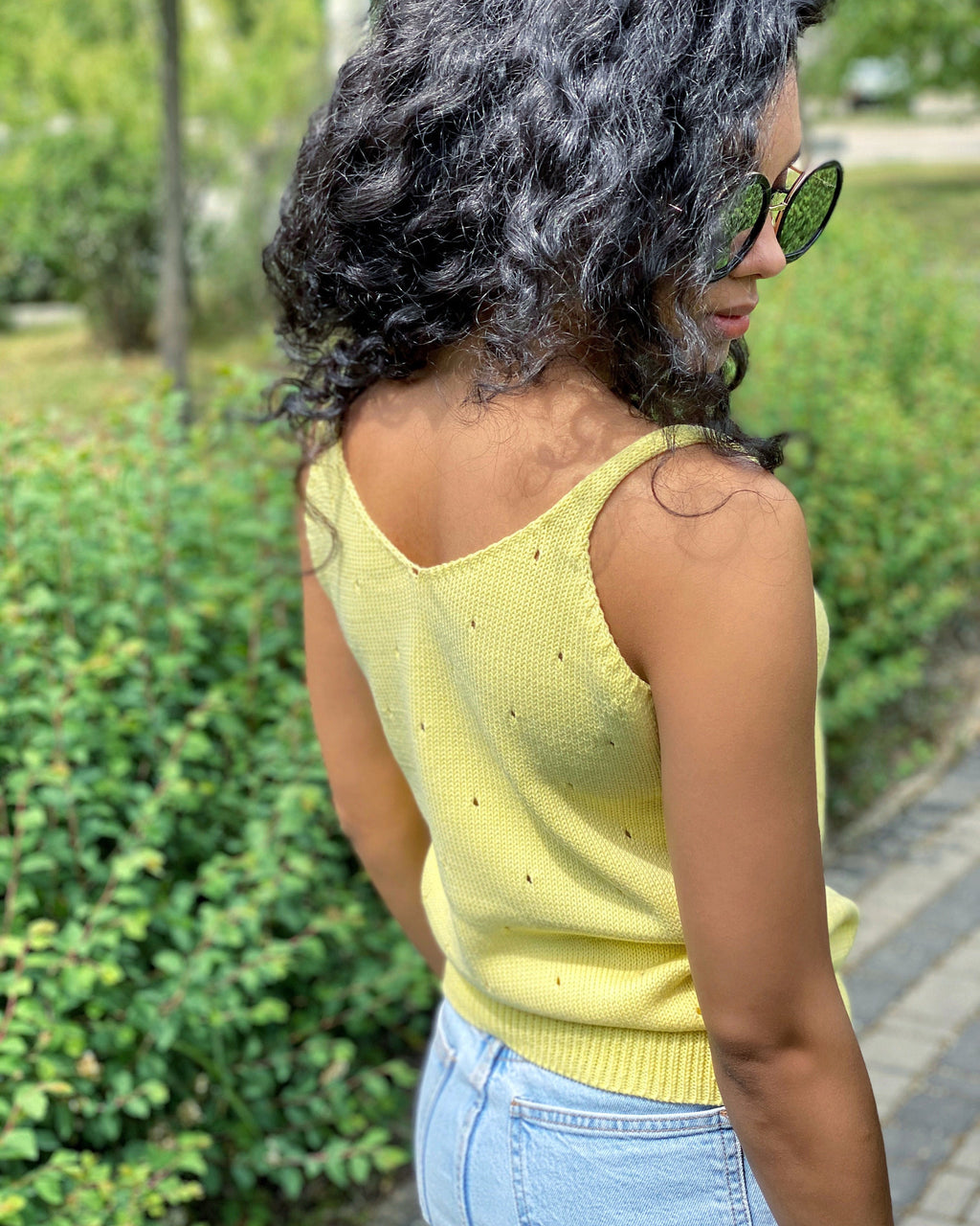 Knit yellow organic cotton summer Top Hand Knit Summer vest top Womens Lemon crop top no sleeves T-shirt with straps