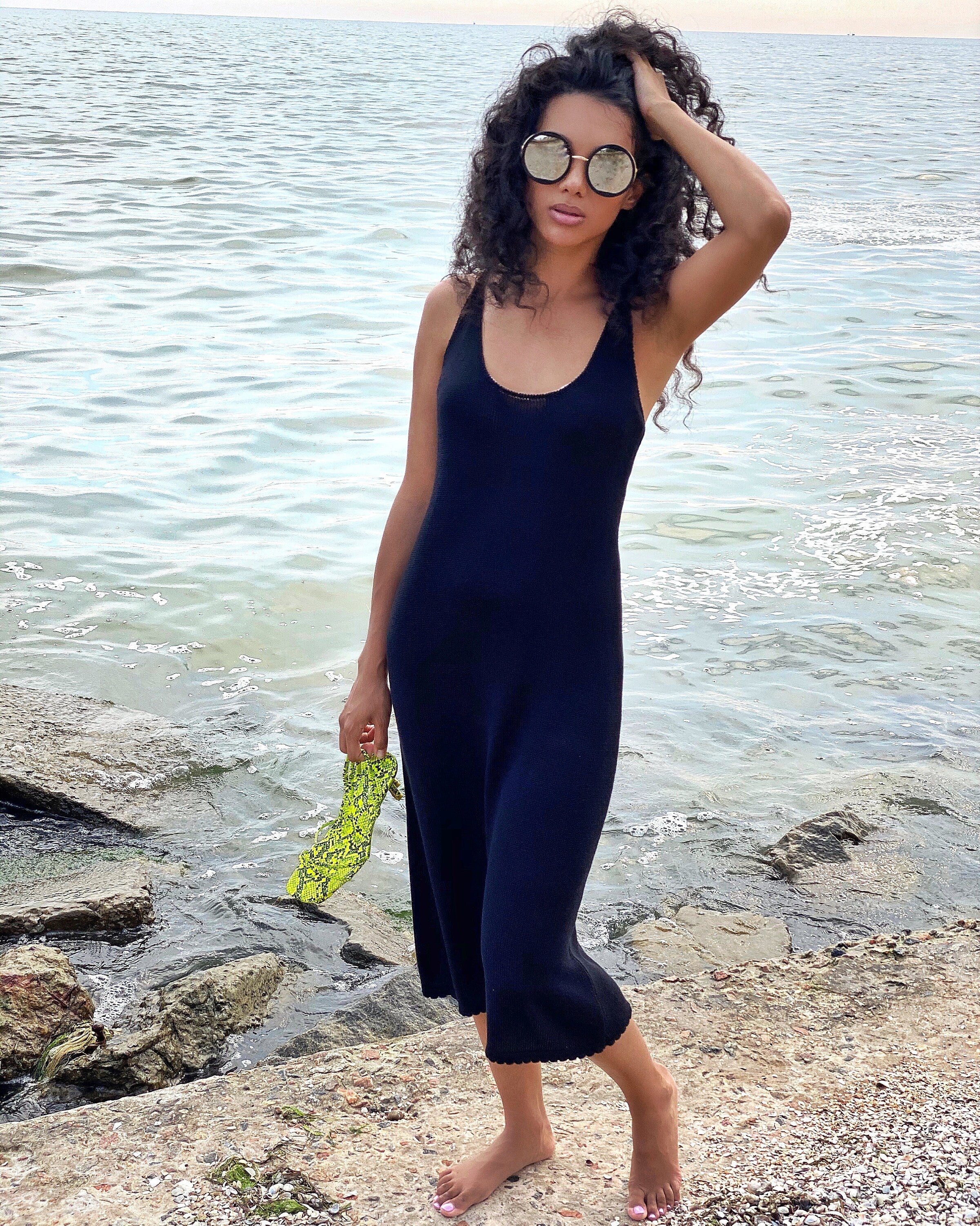 Black cotton bamboo dress thin spaghetti straps/beach tunic/sleeveless midi dress/cotton knit beach dress/thin summer dress/dress mermaid