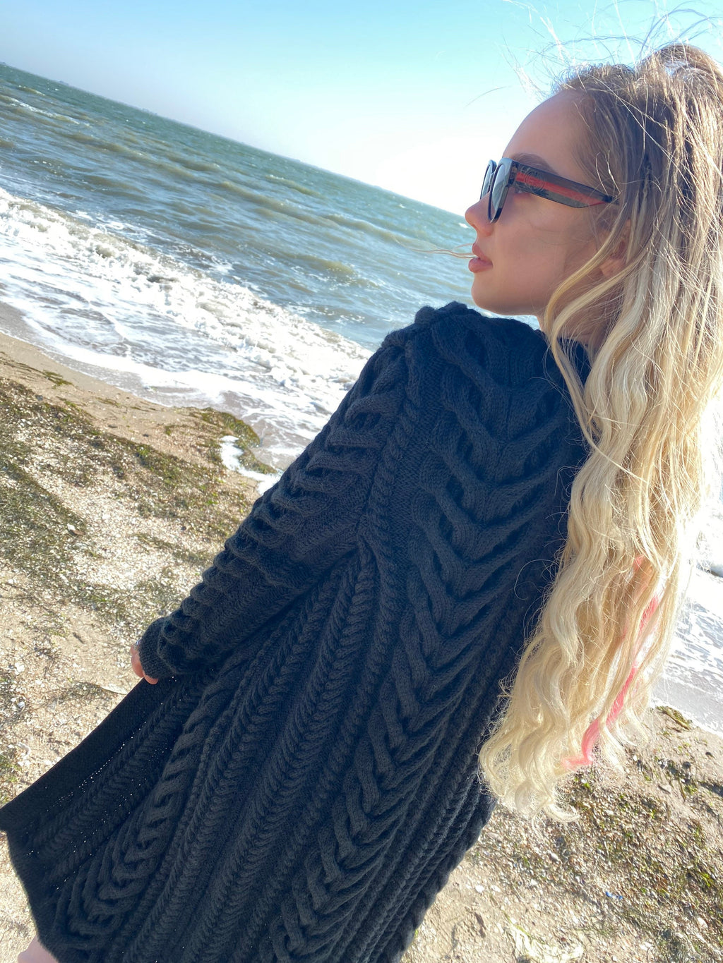 Maxi hand knit white pastel black wool сardigan for women Chunky knit midi cardigan Cream wool cable knit cardigan Short braided cardigan