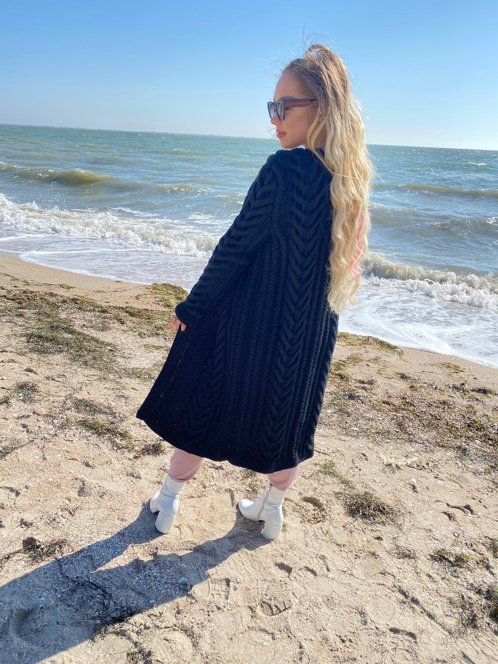 Maxi hand knit white pastel black wool сardigan for women Chunky knit midi cardigan Cream wool cable knit cardigan Short braided cardigan