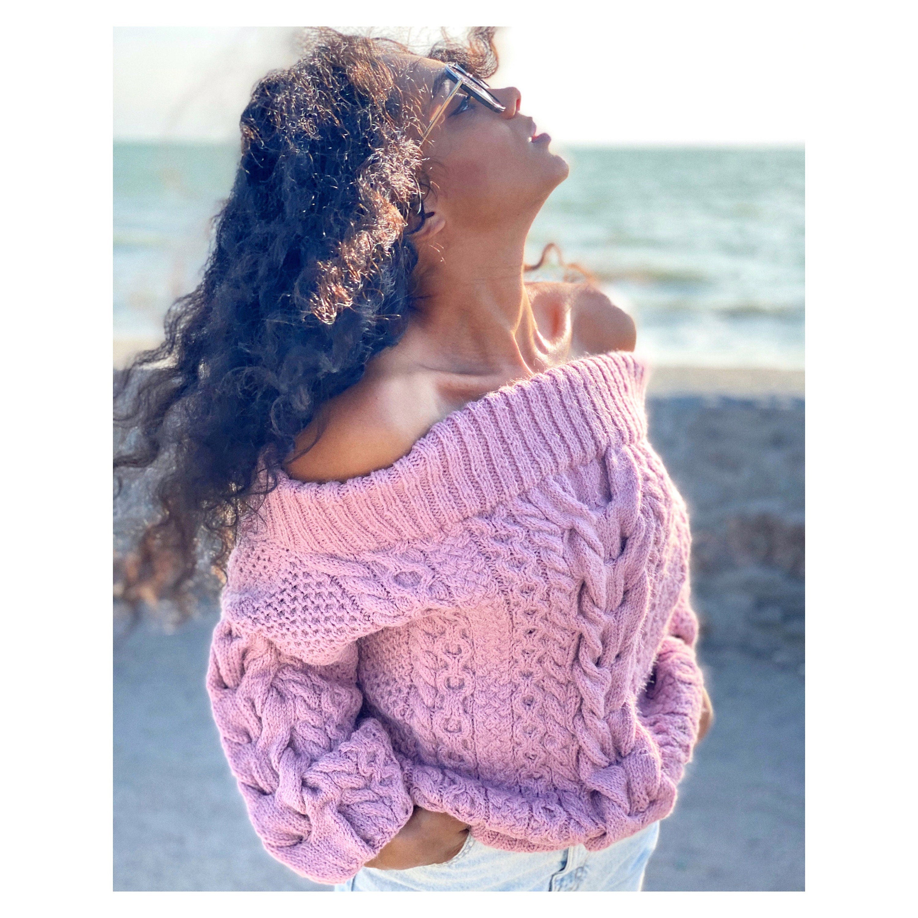 Pink pastel hand knit alpaca wool/merino sweater woman Cable hand knit sweater Loose pastel pullover Oversize chunky knit bulky off shoulder