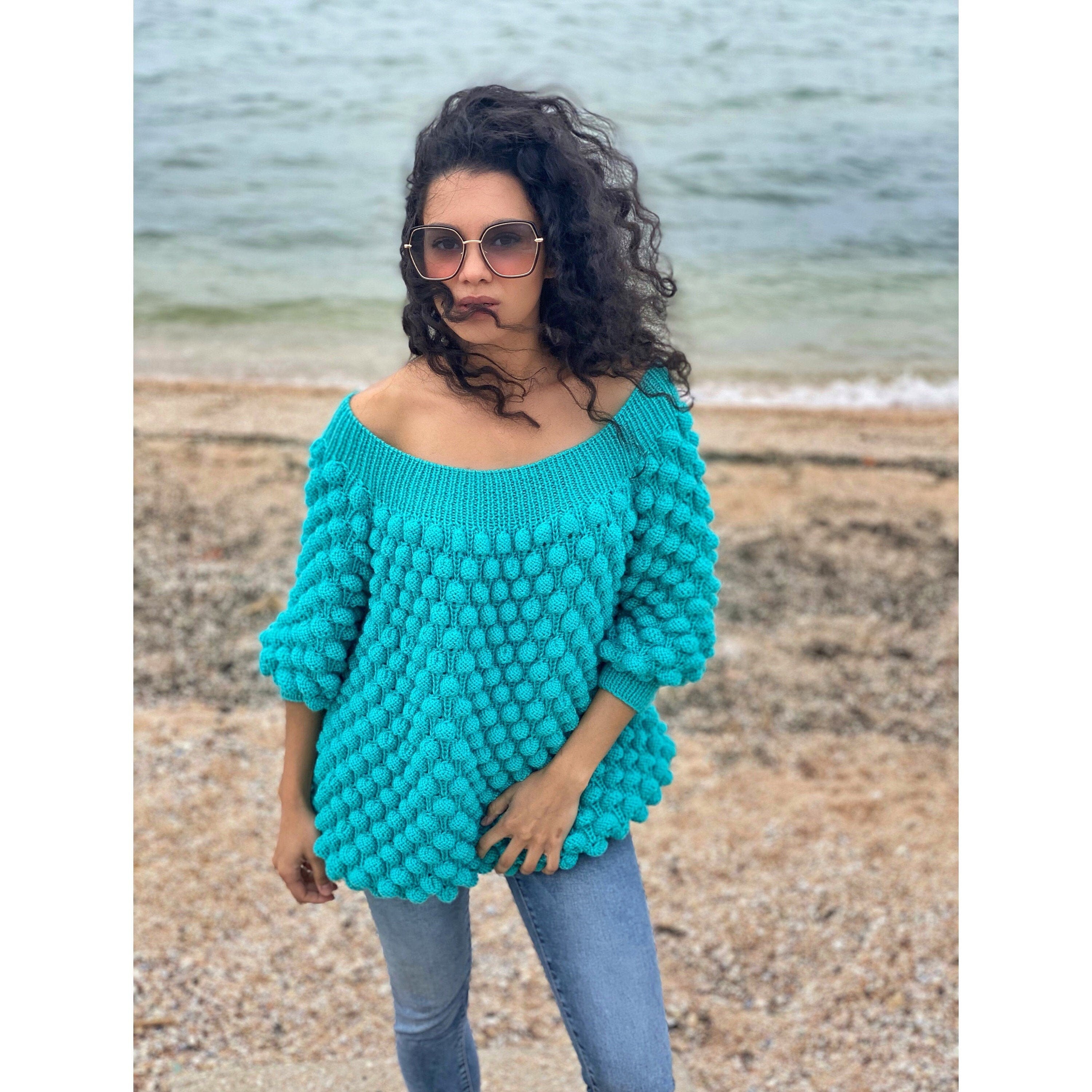Hand knit sweater dress women Turquoise big sweater women Off shoulder balloons pullover Cable knit oversize sweater Chunky knit sweater