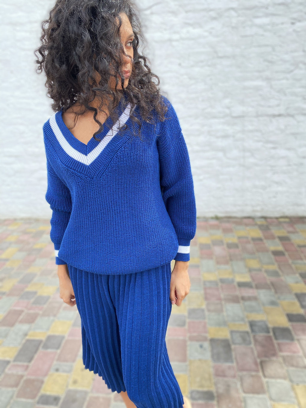 Knitted merino women blue set/culotte pants/sweater V collar/Warm wool knit suit culottes oversized sweater pleated pants/trousers pleated