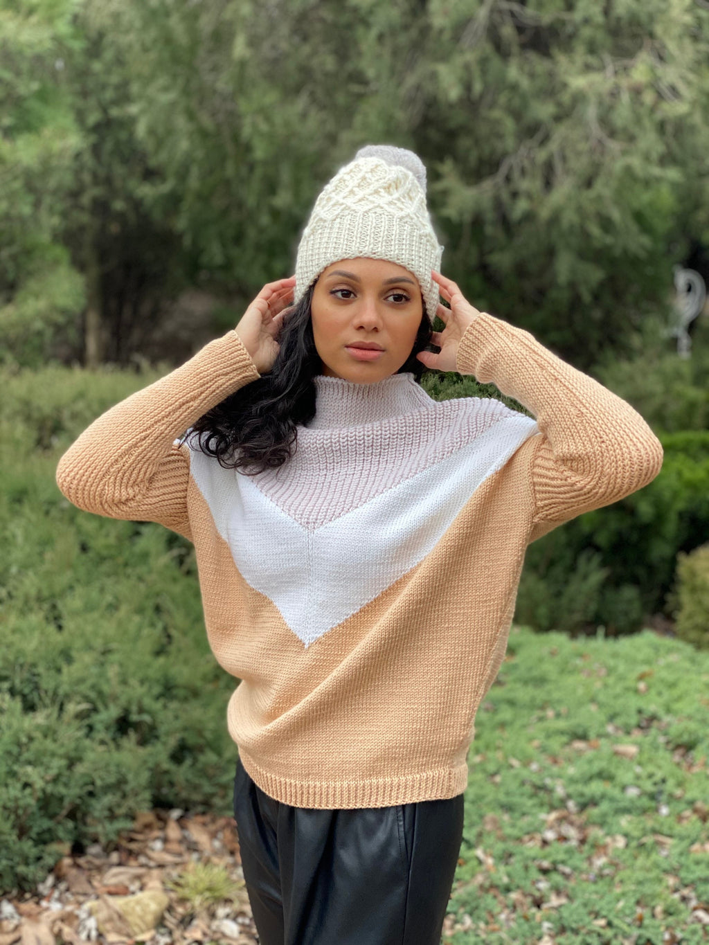 Cable knit alpaca/merino wool knit oversize sweater Hand knitted jumper Grey brown Camel Cream striped sweater Throat stand Full sleeve