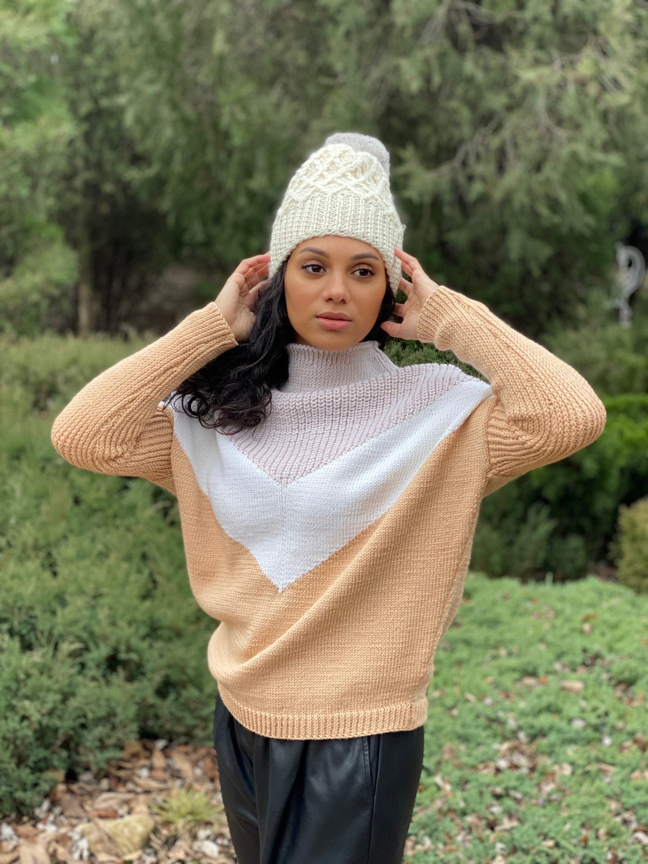 Cable knit alpaca/merino wool knit oversize sweater Hand knitted jumper Grey brown Camel Cream striped sweater Throat stand Full sleeve