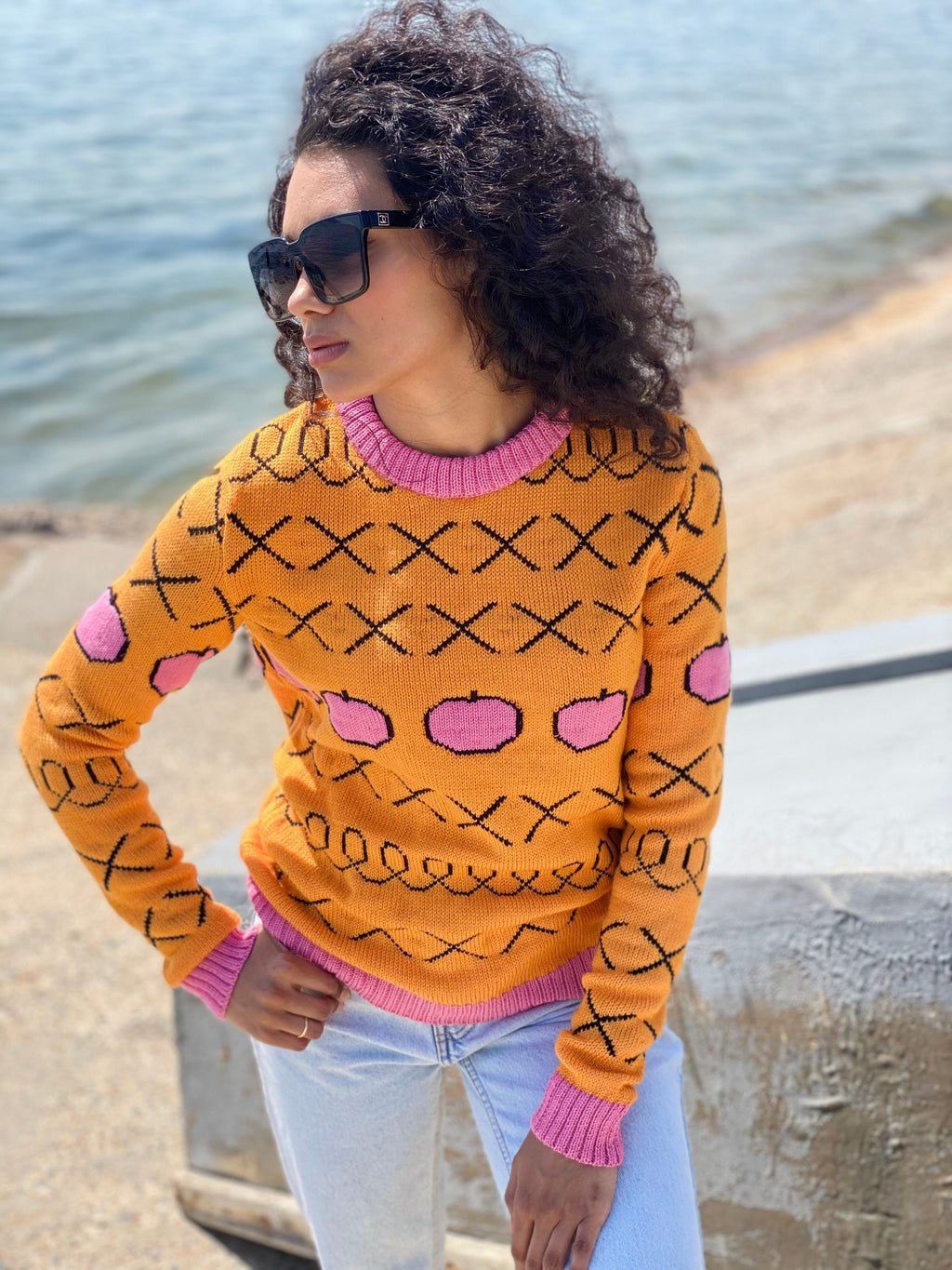 Pink apples orange knit Sweater/Merino wool mixture X sweater unisex/yellow orange pink Sweater /knit sweater unisex
