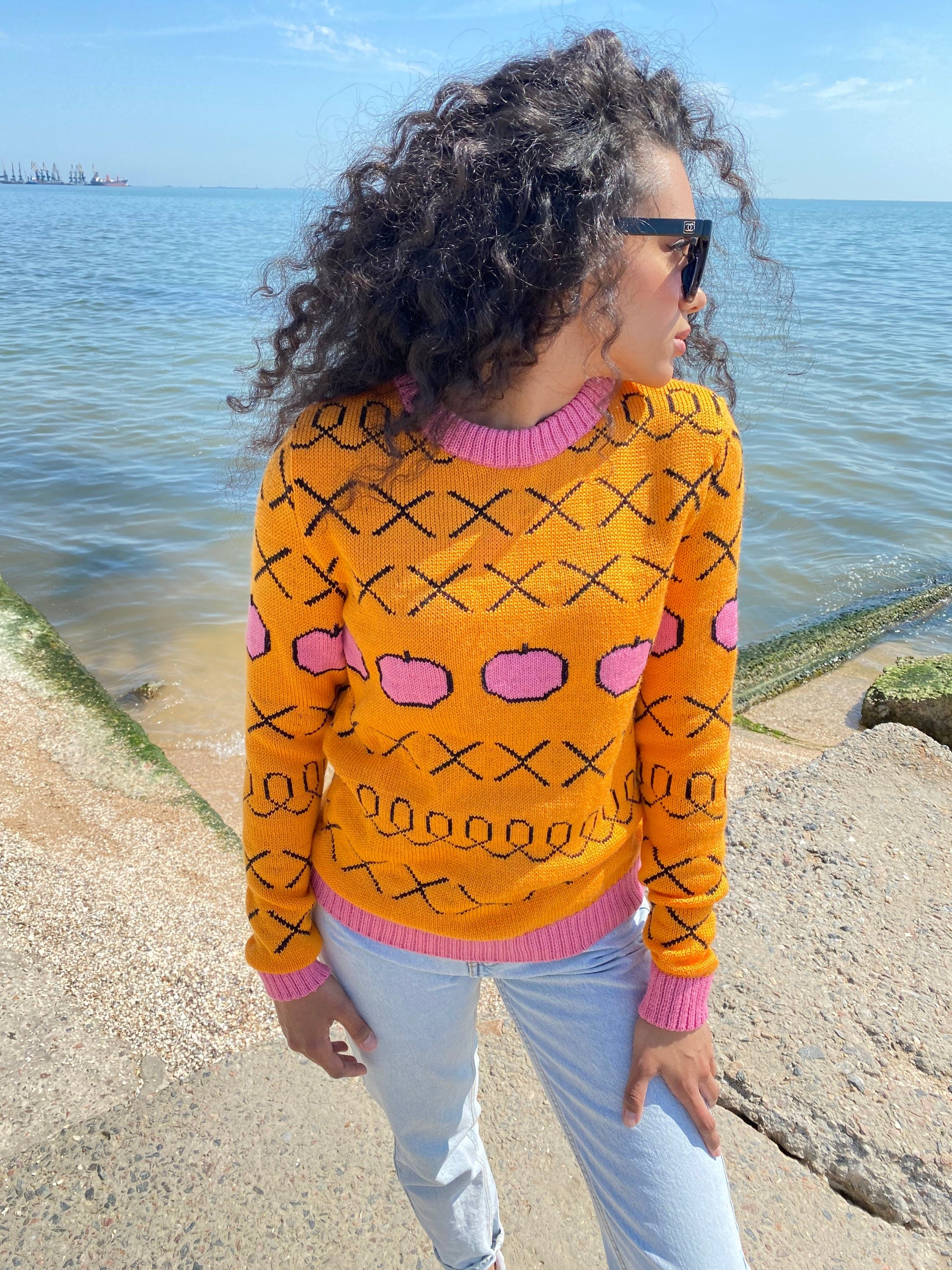 Pink apples orange knit Sweater/Merino wool mixture X sweater unisex/yellow orange pink Sweater /knit sweater unisex