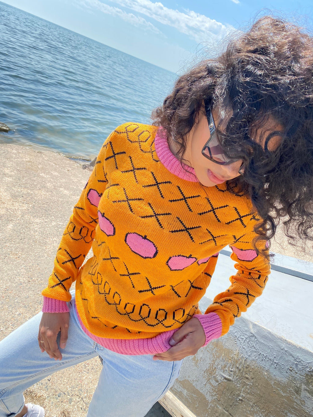 Pink apples orange knit Sweater Halloween Sweater Merino wool mixture X sweater unisex Yellow orange pink Sweater Unisex Ugly Sweater