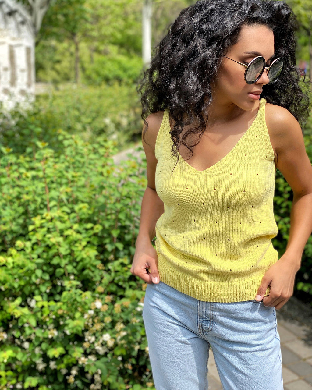 Knit yellow organic cotton summer Top Hand Knit Summer vest top Womens Lemon crop top no sleeves T-shirt with straps