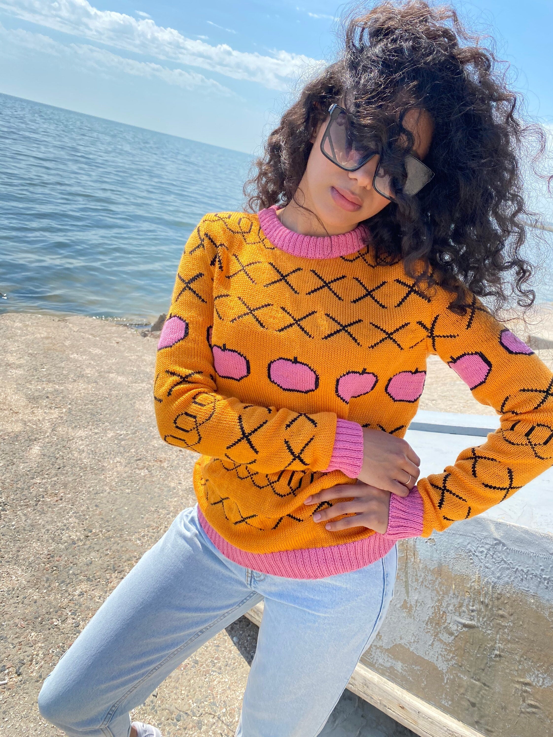 Pink apples orange knit Sweater/Merino wool mixture X sweater unisex/yellow orange pink Sweater /knit sweater unisex