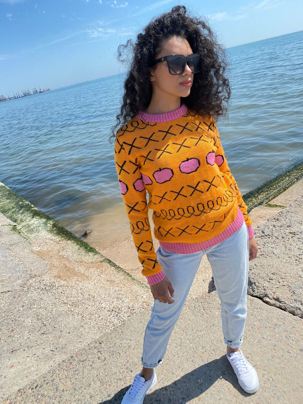 Pink apples orange knit Sweater/Merino wool mixture X sweater unisex/yellow orange pink Sweater /knit sweater unisex