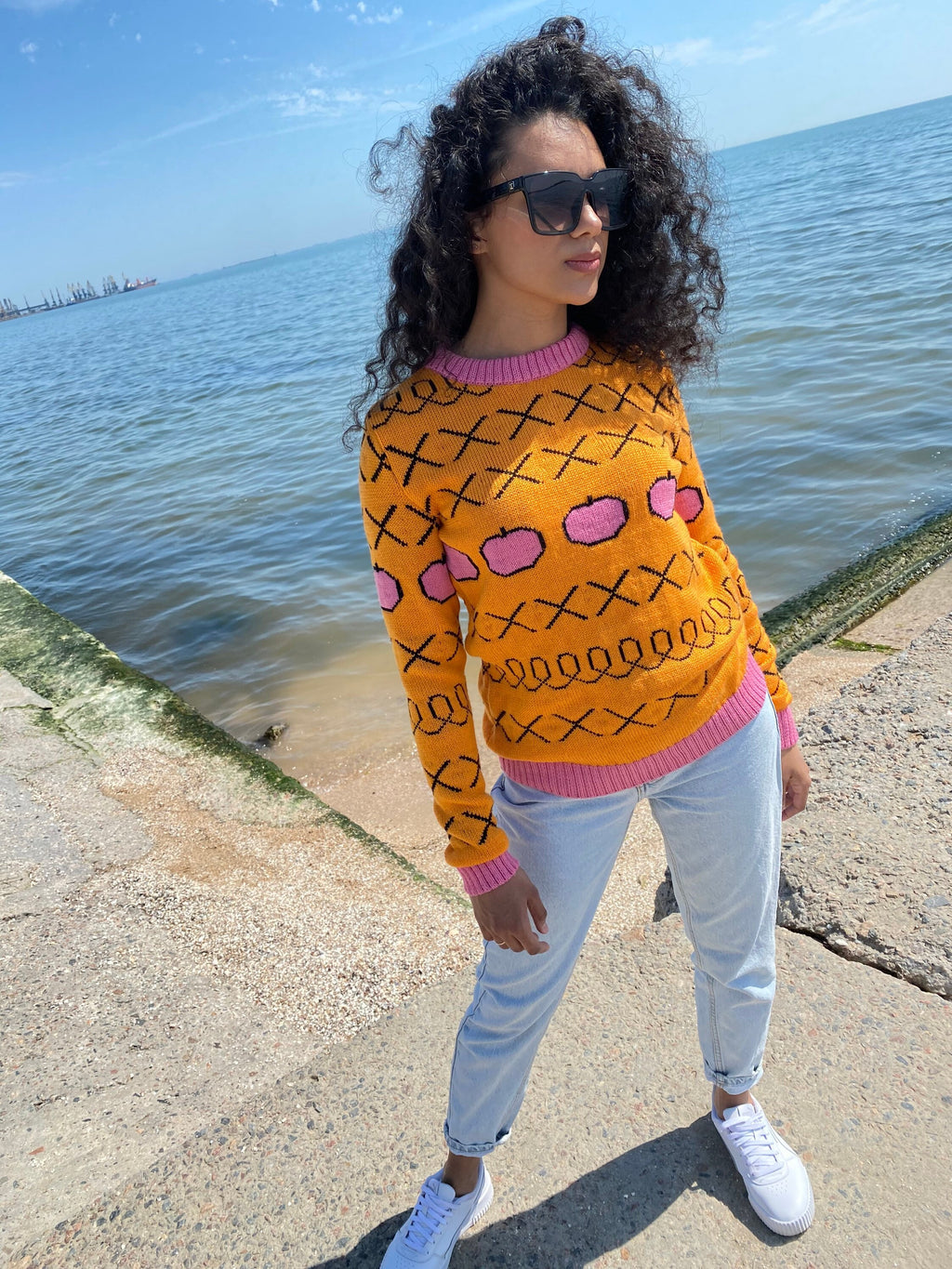 Pink apples orange knit Sweater Halloween Sweater Merino wool mixture X sweater unisex Yellow orange pink Sweater Unisex Ugly Sweater