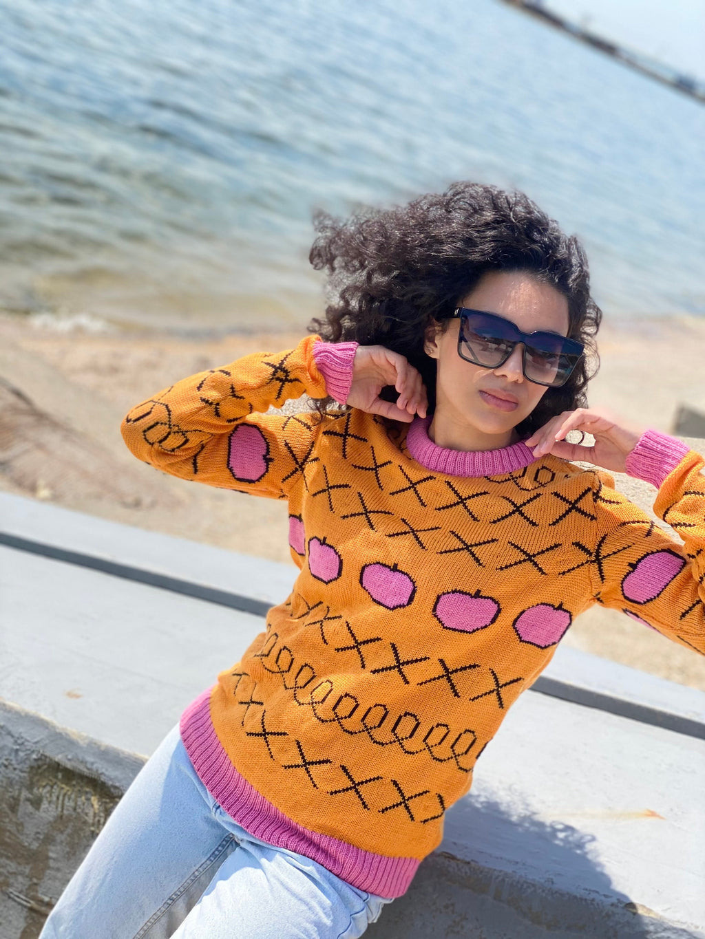 Pink apples orange knit Sweater Halloween Sweater Merino wool mixture X sweater unisex Yellow orange pink Sweater Unisex Ugly Sweater