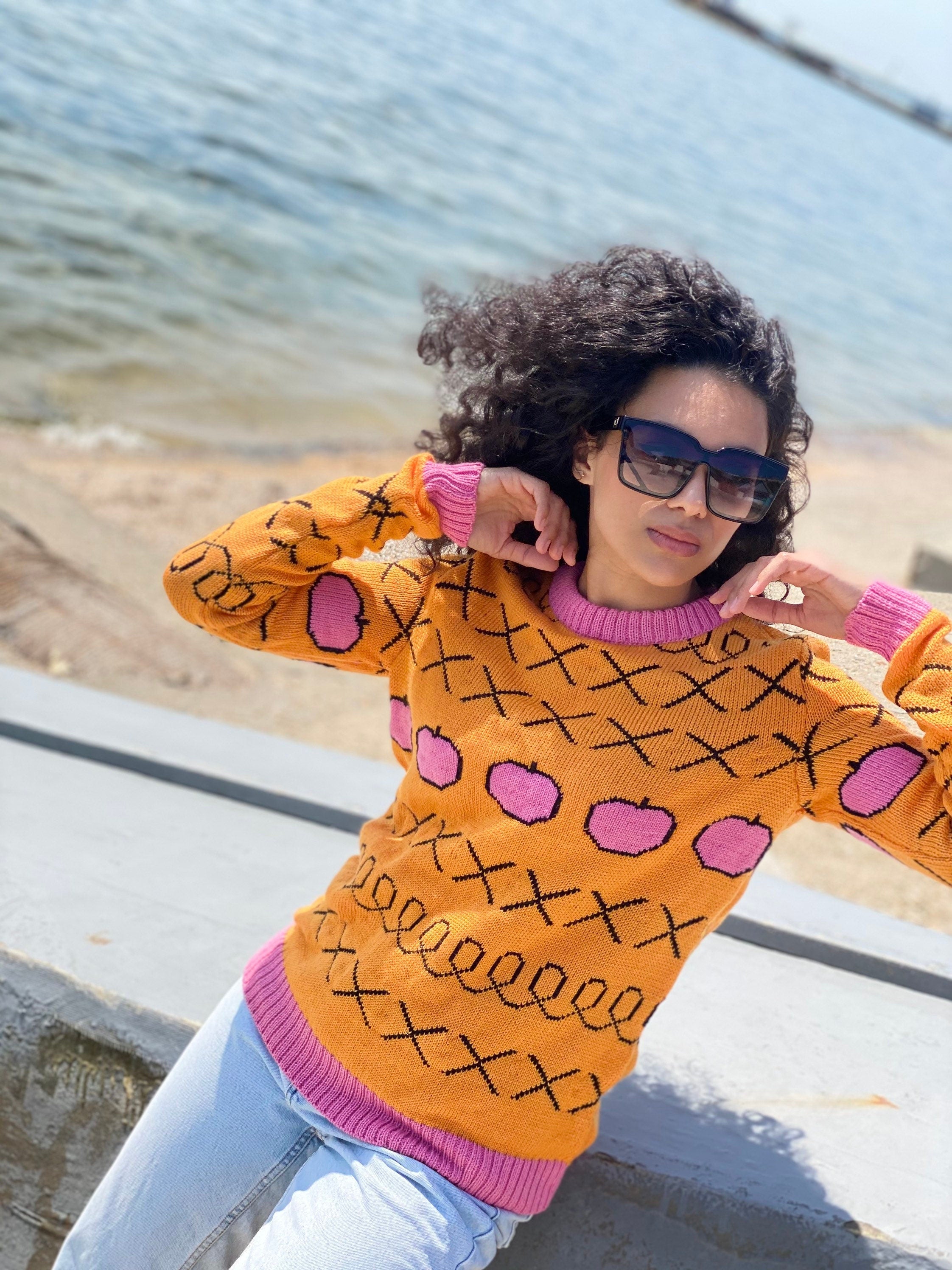 Pink apples orange knit Sweater Halloween Sweater Merino wool mixture X sweater unisex Yellow orange pink Sweater Unisex Ugly Sweater