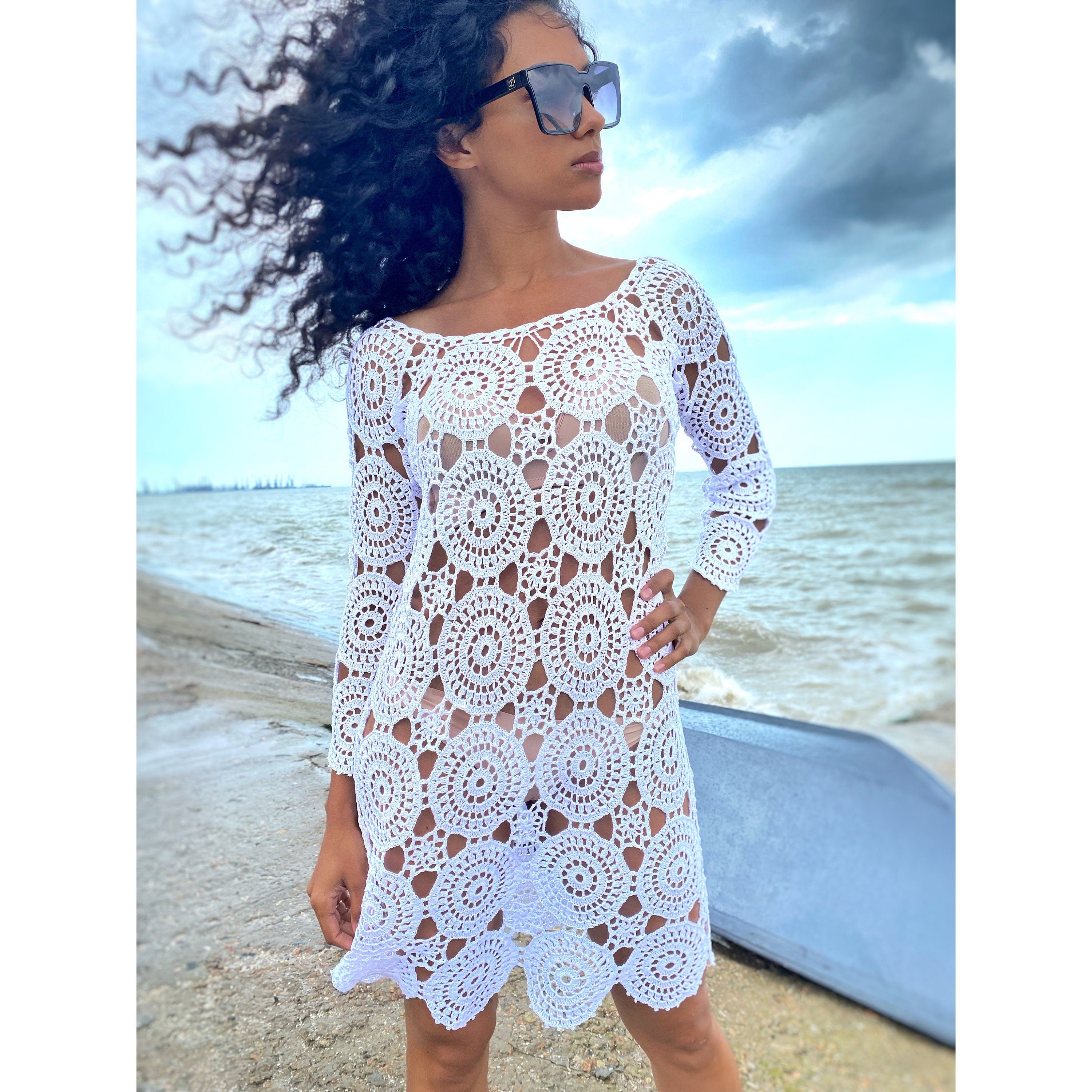 Beach dress/beach Cover-Ups/white crochet dress/mini white cover-ups/cotton crochet dress/crochet vintage/beachwear/lace crochet dress