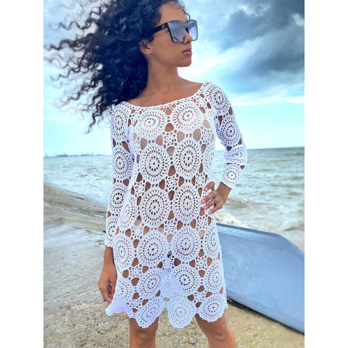 Beach dress/beach Cover-Ups/white crochet dress/mini white cover-ups/cotton crochet dress/crochet vintage/beachwear/lace crochet dress